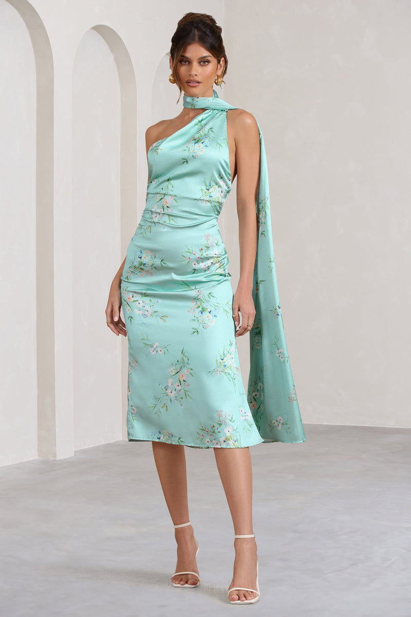 Madame Mint Green Floral Print Satin Asymmetric Scarf Neck