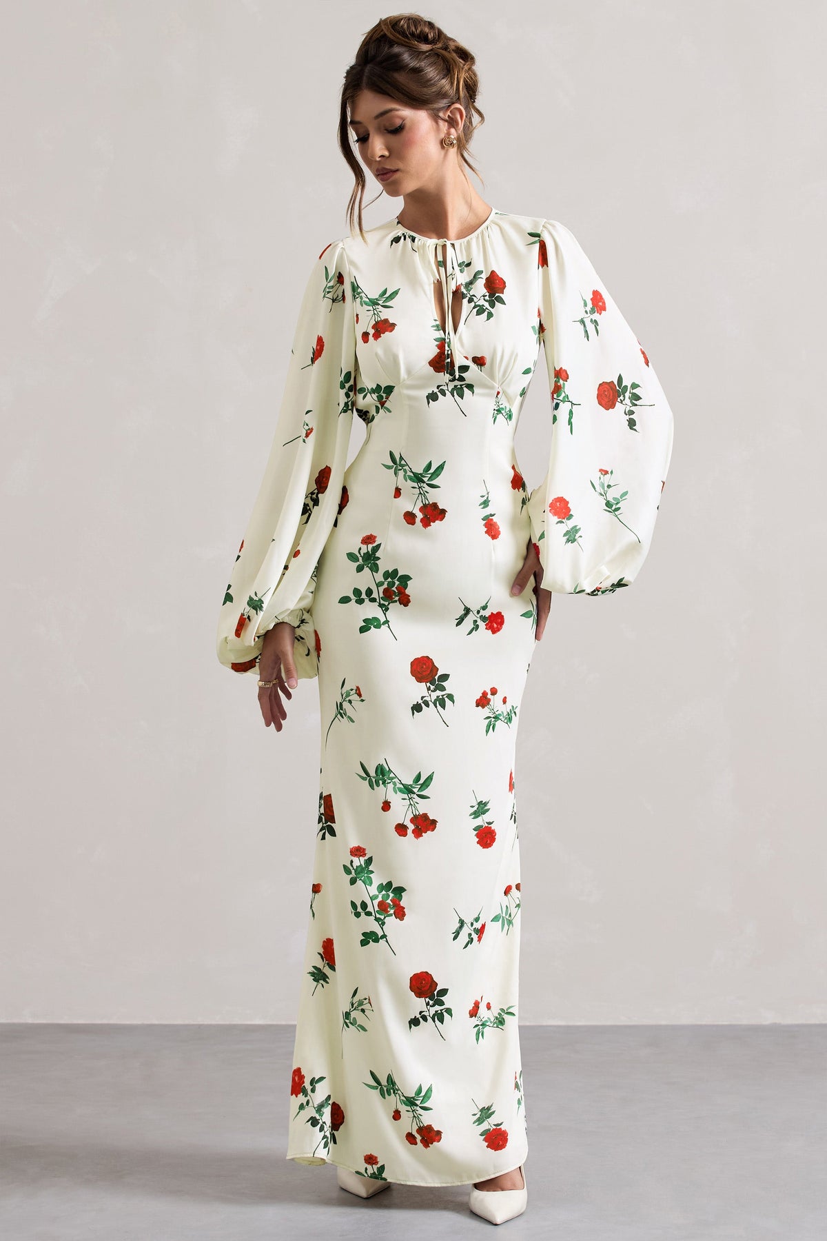 Wild Rose | Rose Print Satin Puff-Sleeve Cut-Out Maxi Dress