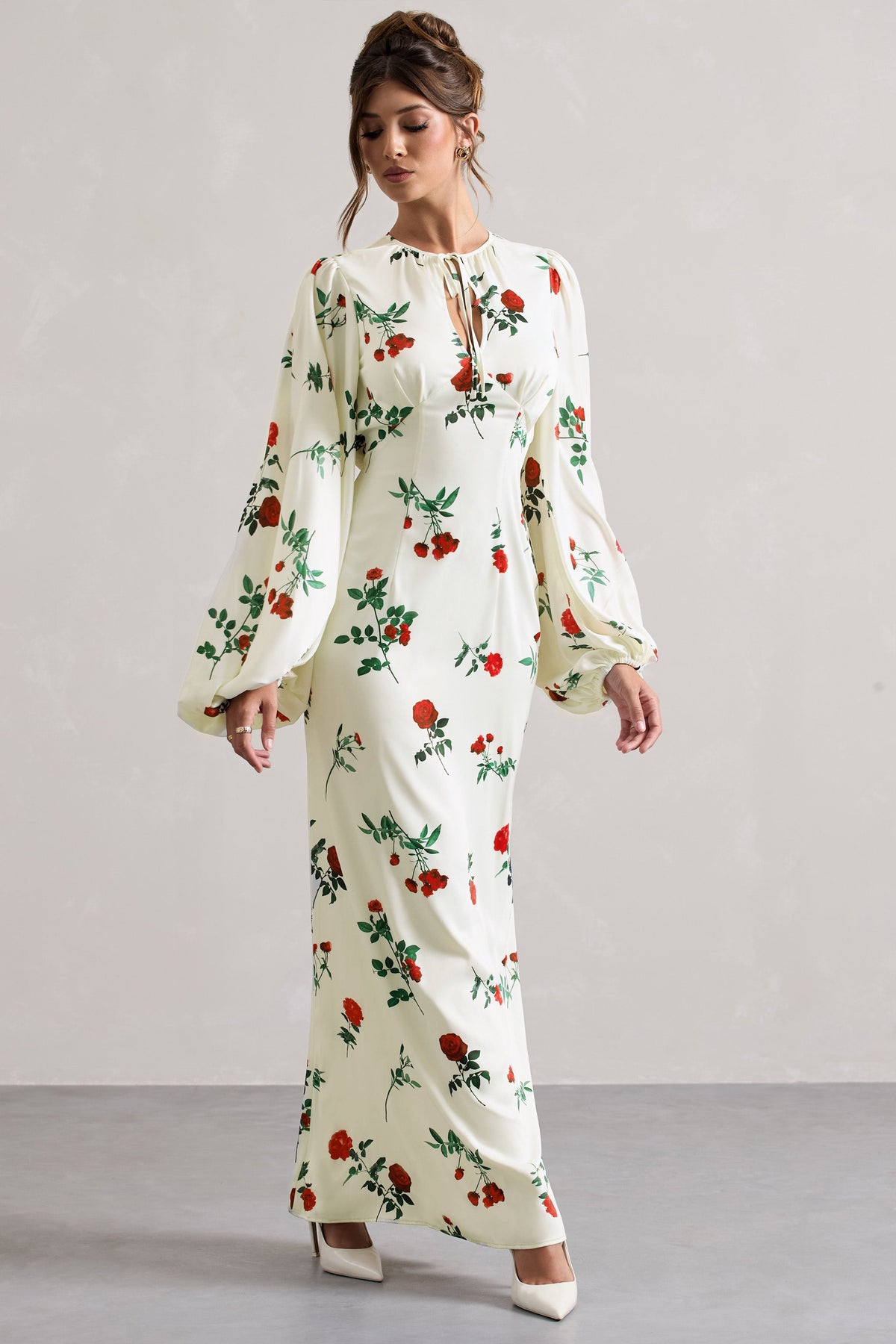 Wild Rose | Rose Print Satin Puff-Sleeve Cut-Out Maxi Dress