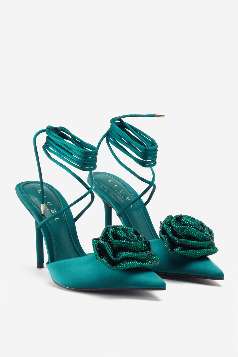 Sharpened Green Lace Up Stiletto Heels With Diamante Flowers Club L London IRE