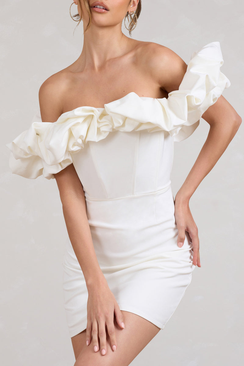 Dawn White Ruffled Bardot Mini Dress Club L London IRE