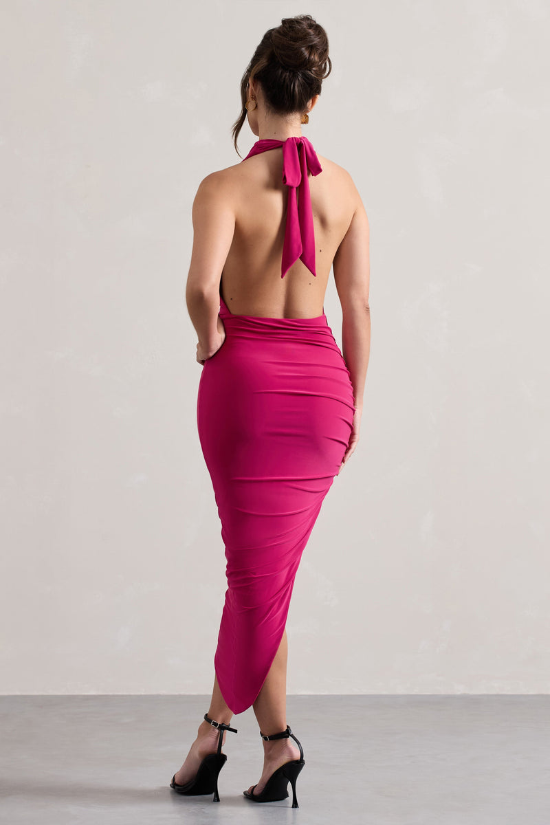 Hayley Hot Pink Cowl-Neck Asymmetric Maxi Dress – Club L London IRE