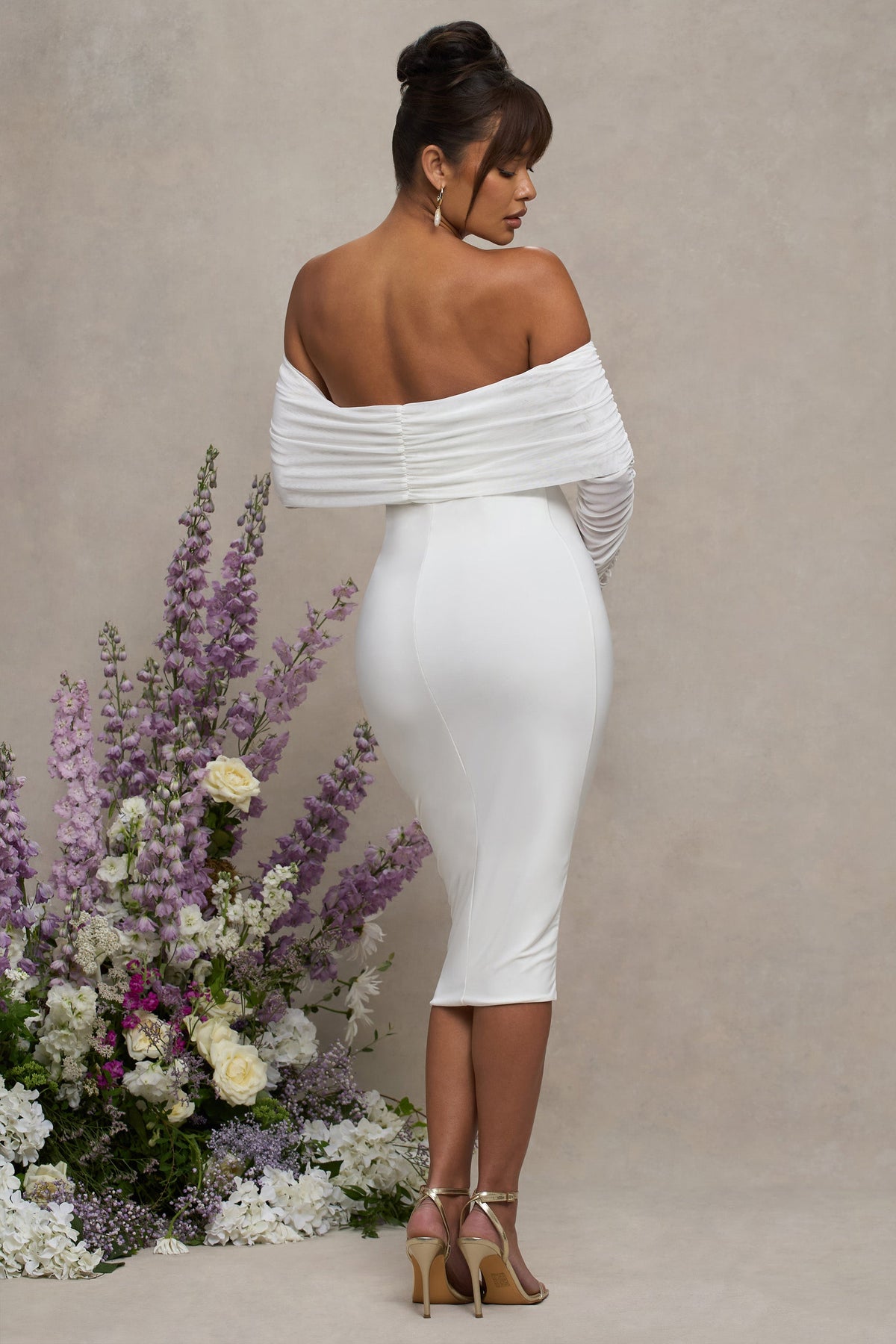 Patiently Waiting | White Maternity Ruched Mesh Bardot Midi Dress