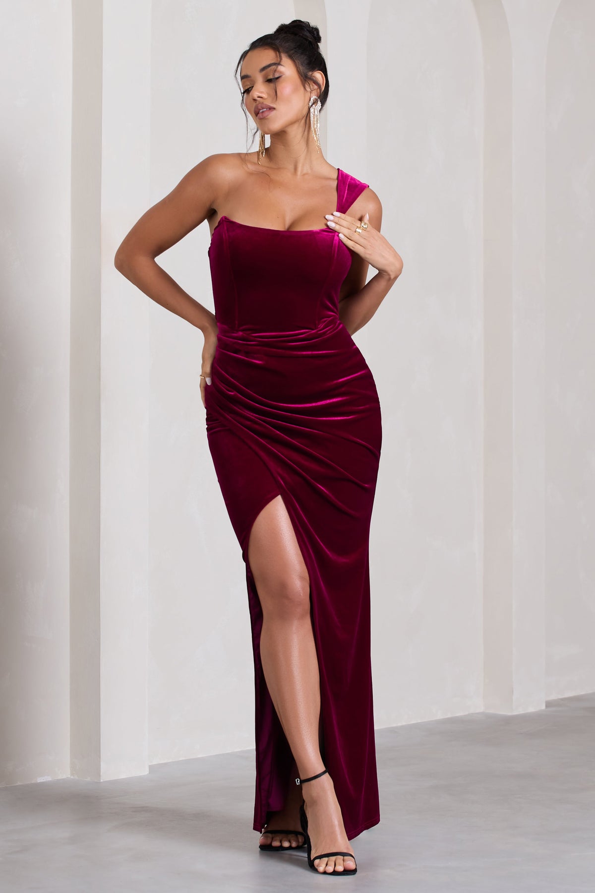 Jessica Berry Velvet One Shoulder Corset Style Wrap Maxi Dress Club L London IRE