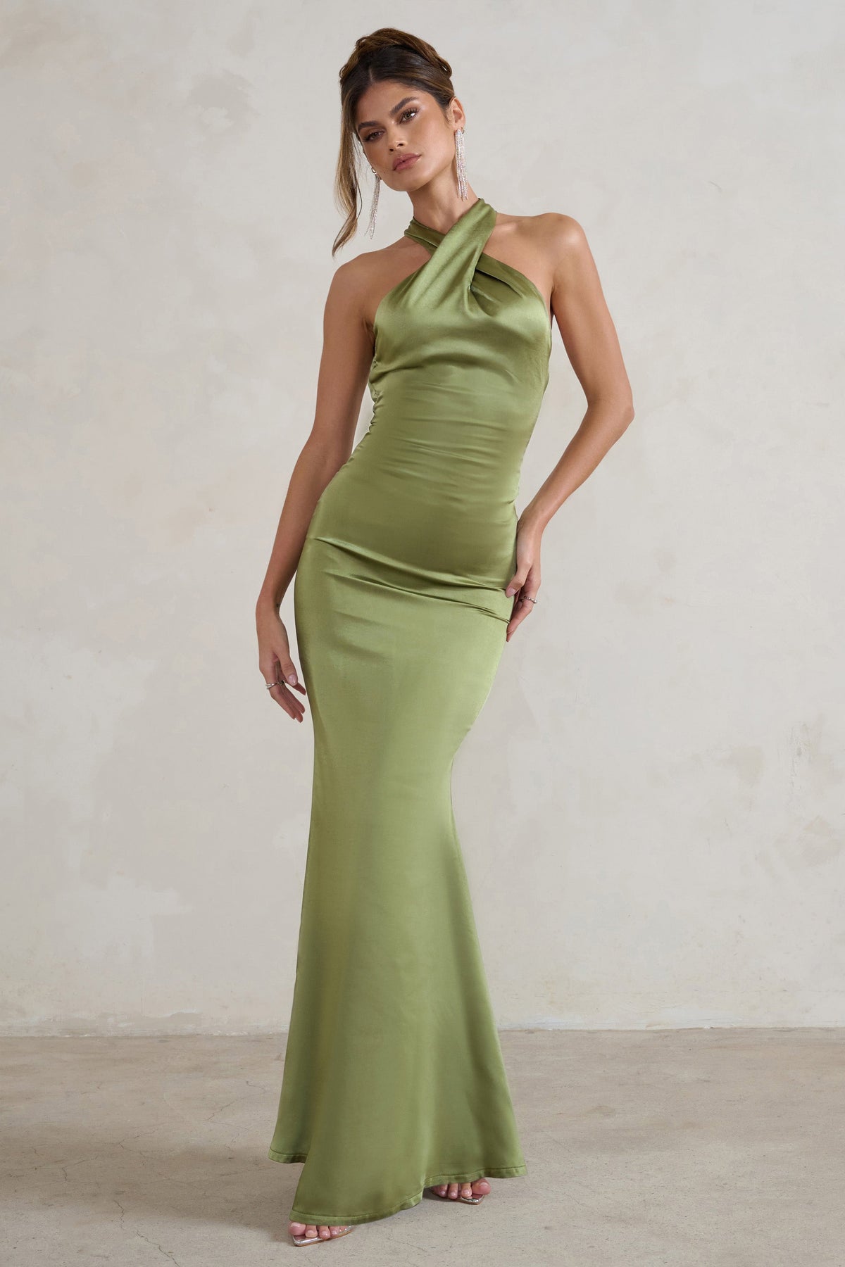 Unstoppable Olive Green Satin Cross Over Halter Neck Maxi Dress