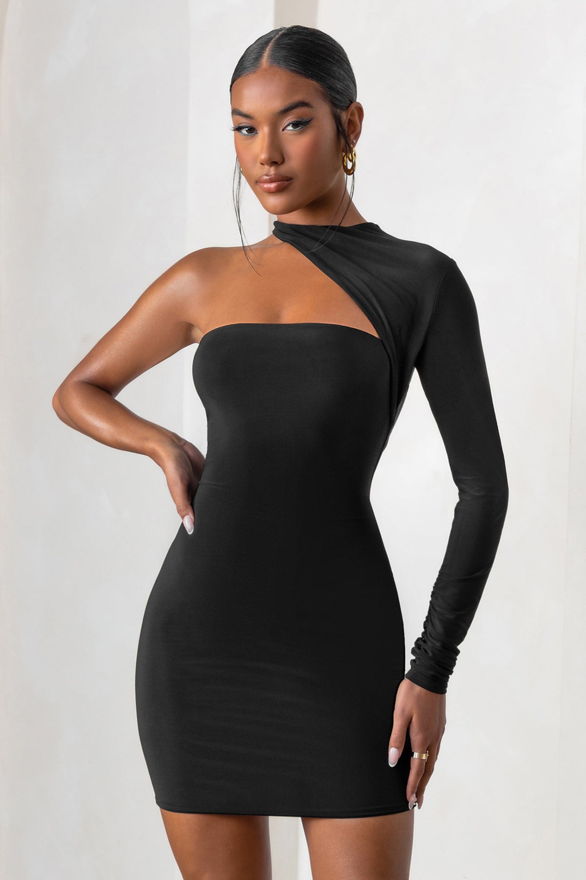 Perfect Touch Black One Shoulder Long Sleeve Mini Dress – Club L