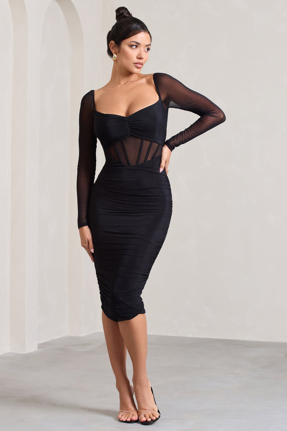 Abiba Black Ruched Front Corset Midi Dress With Long Sleeves Club L London IRE