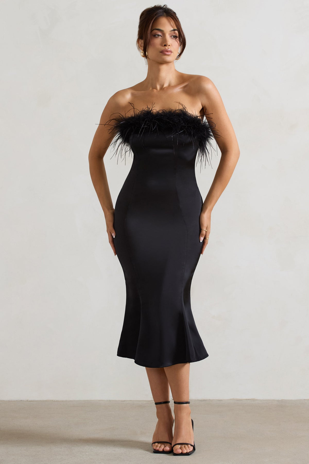 One And Only Black Satin Feather Trim Midi Dress Club L London IRE