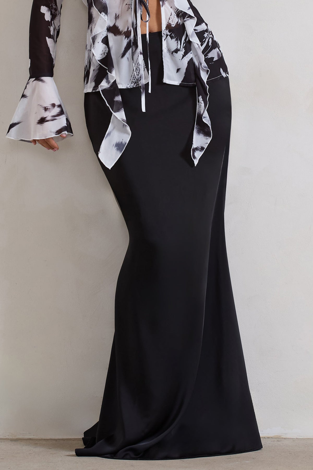 Serita Black Satin Split Maxi Skirt Club L London IRE