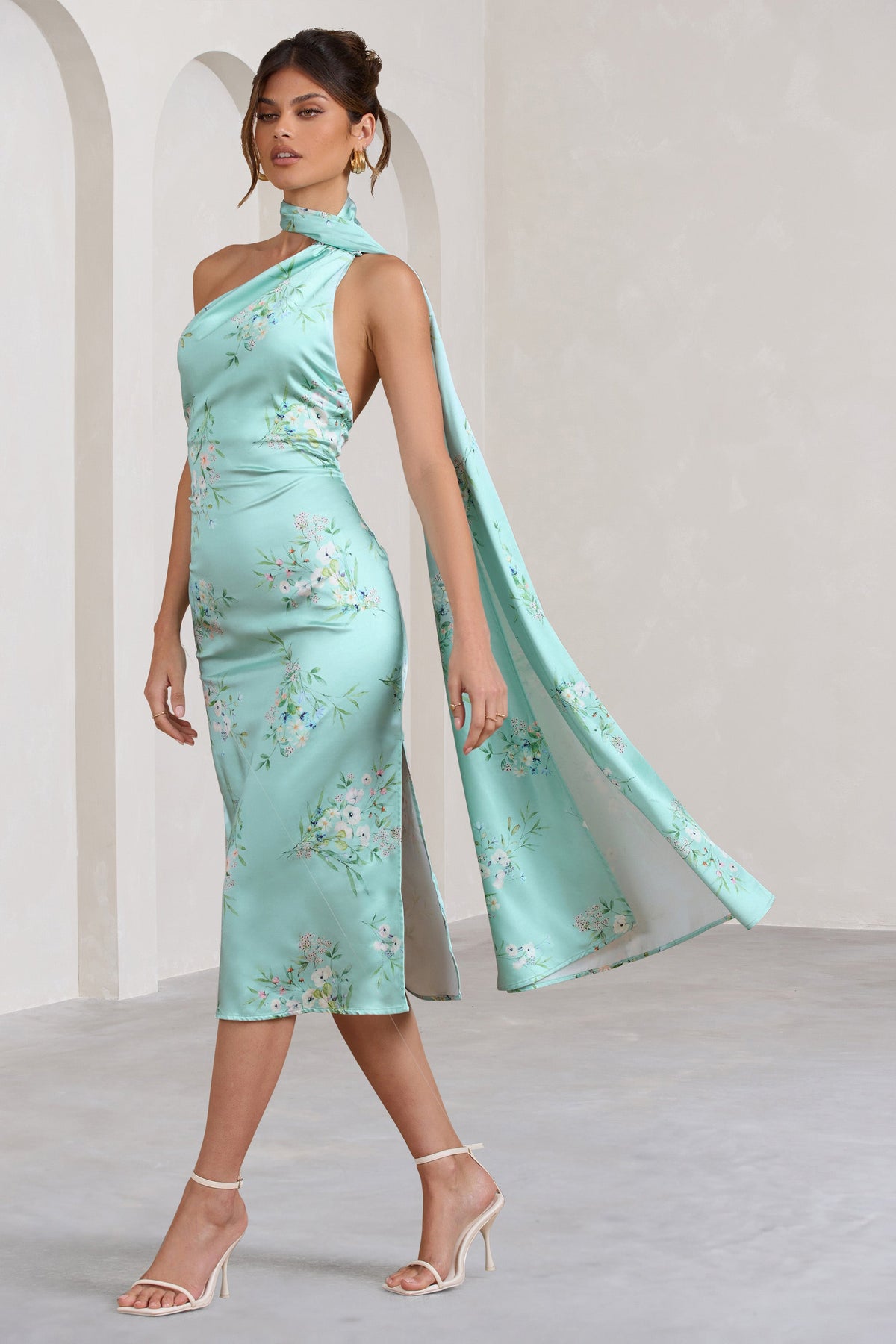 Madame Mint Green Floral Print Satin Asymmetric Scarf Neck