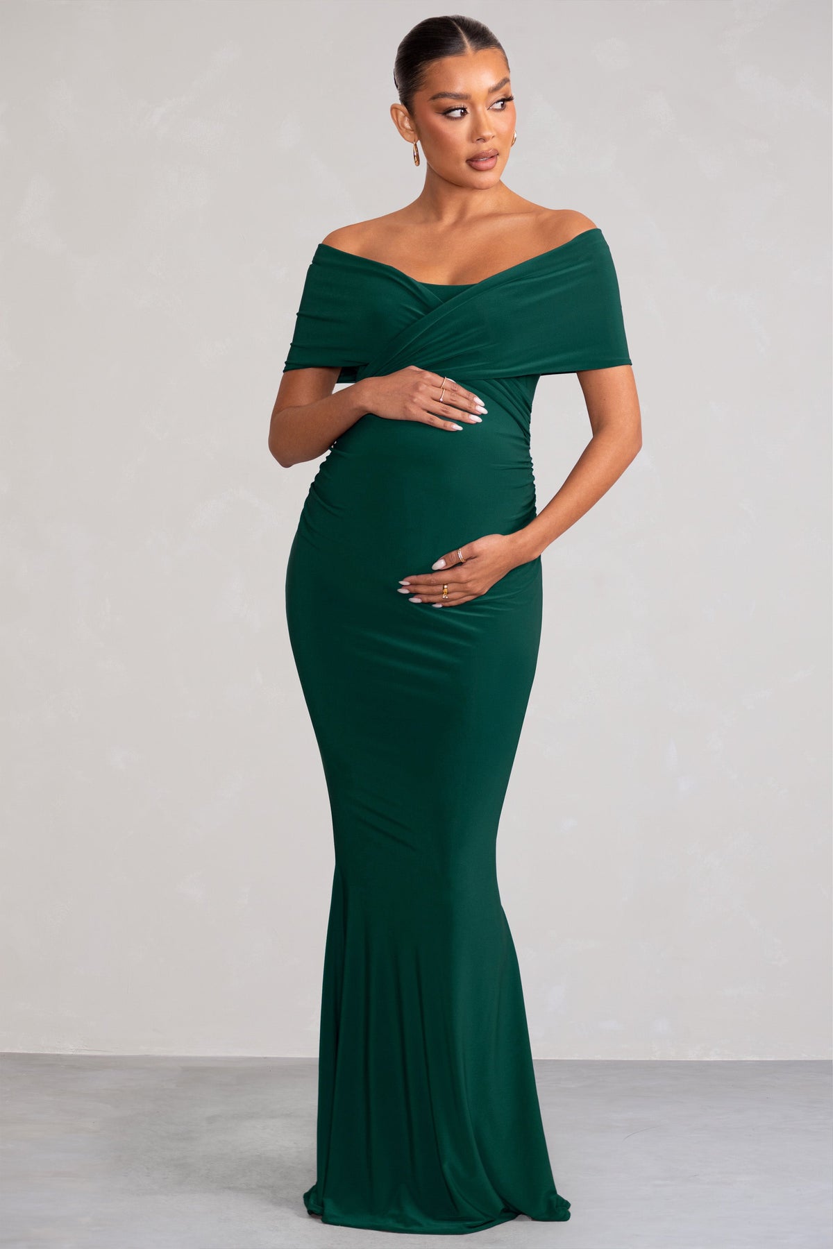 Amal Bottle Green Bardot Wrap Neckline Maternity Maxi Dress Club L London IRE
