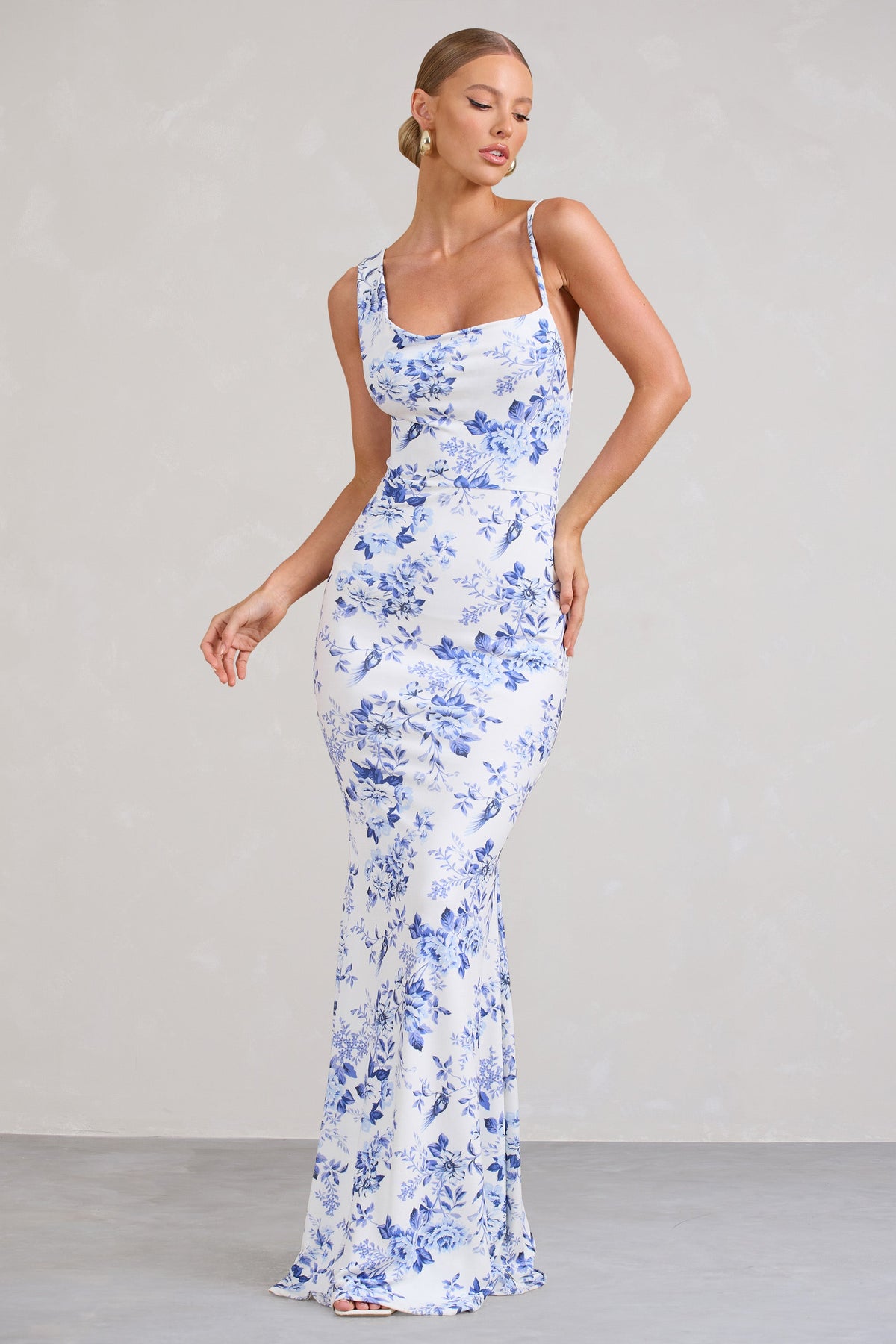 Phantasy | Blue Floral Print Asymmetric Neckline Cowl Maxi Dress