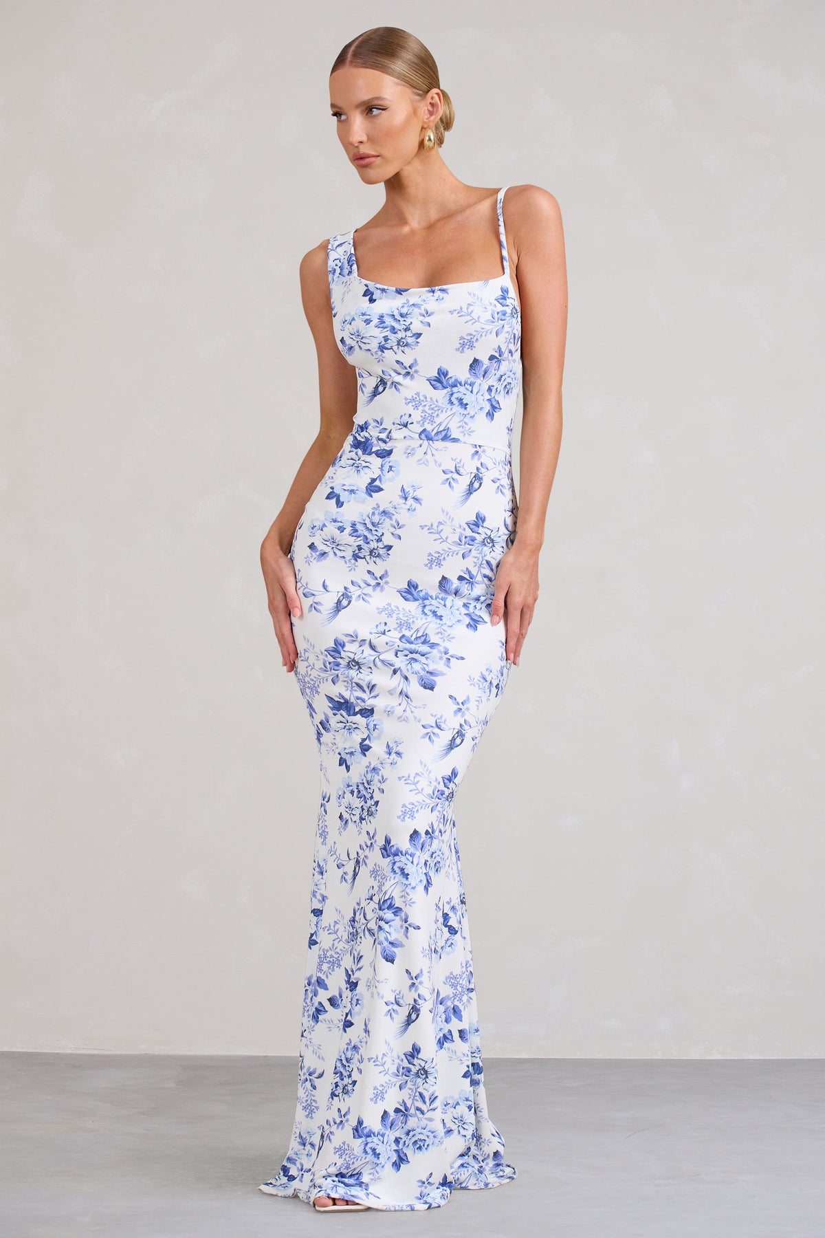 Phantasy | Blue Floral Print Asymmetric Neckline Cowl Maxi Dress
