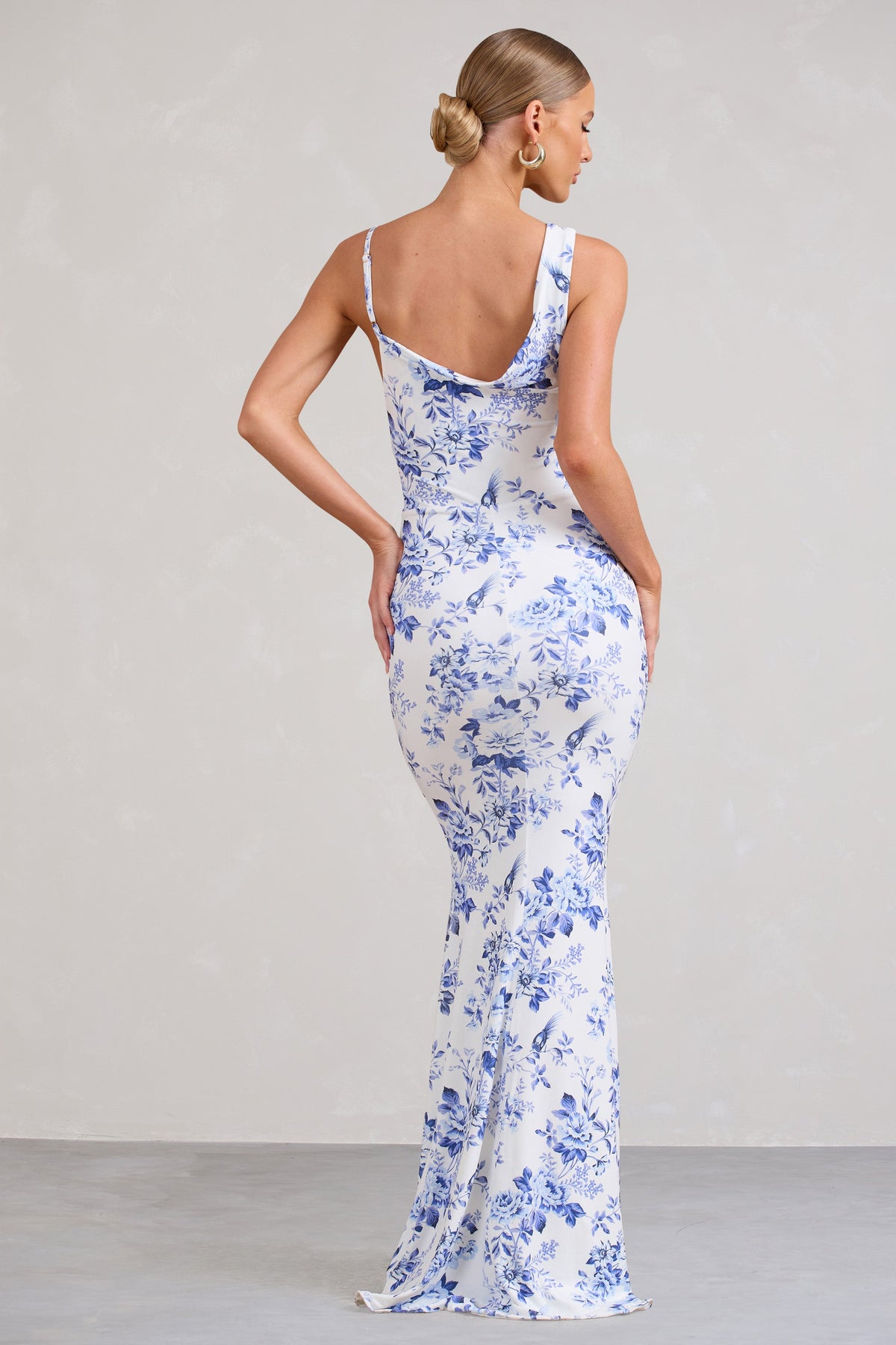 Phantasy | Blue Floral Print Asymmetric Neckline Cowl Maxi Dress