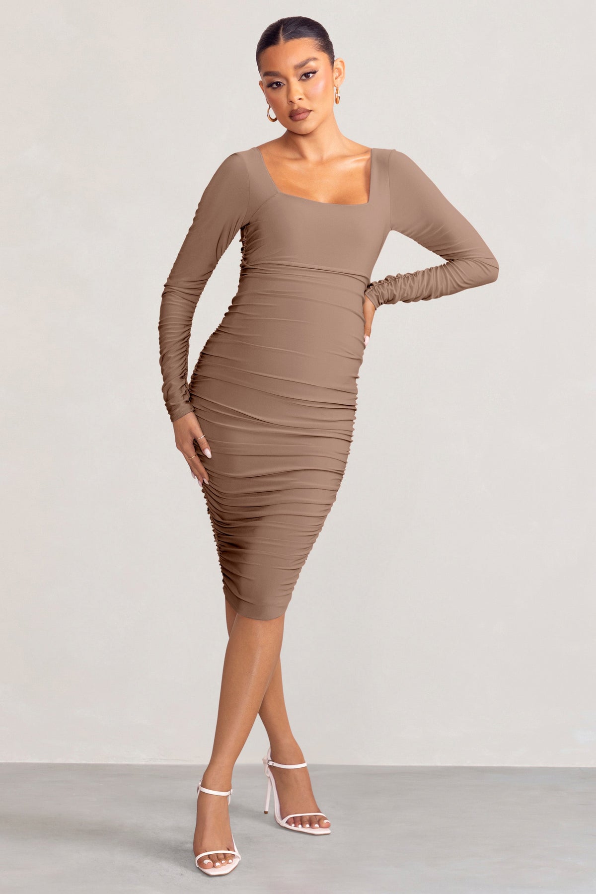 New Life | Mocha Maternity Square Neck Ruched Midi Dress