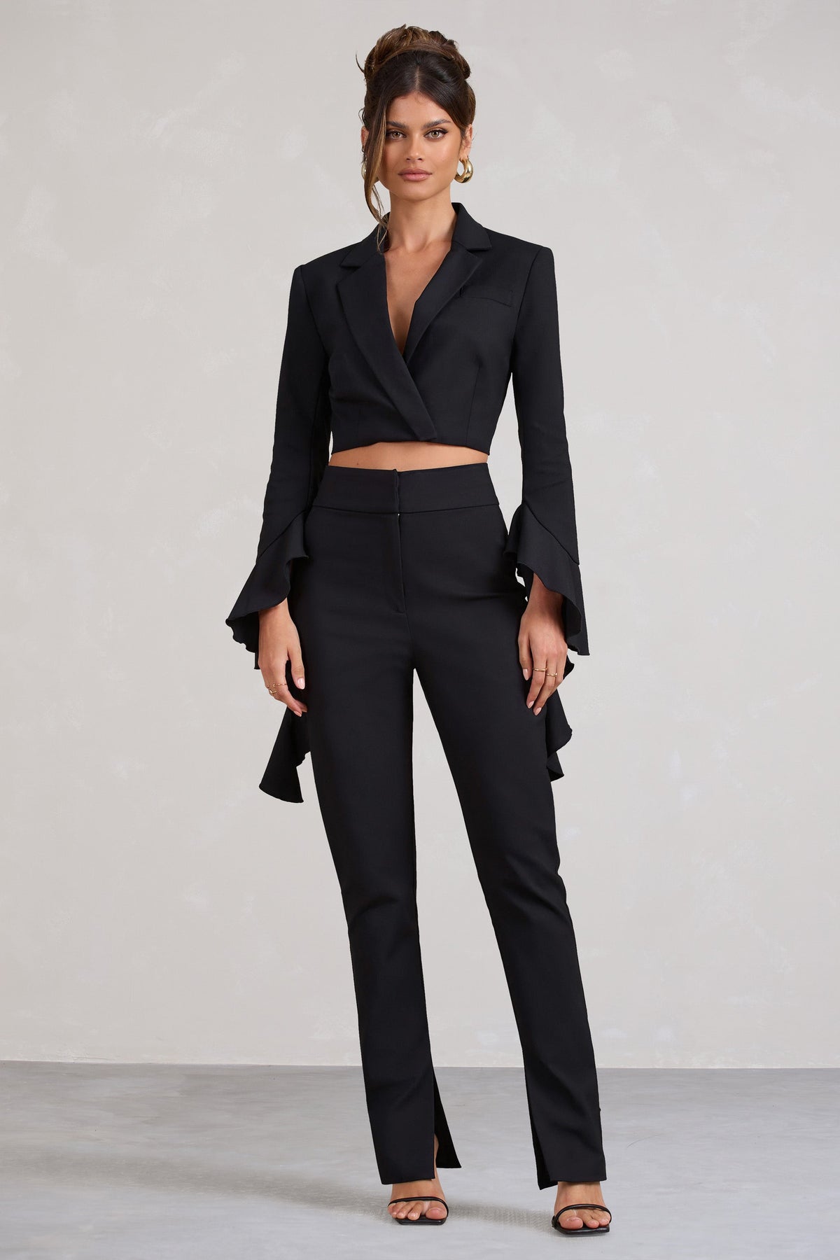 Addilyn Black Cotton Blend Tailored Straight Leg Split Trousers Club L London IRE