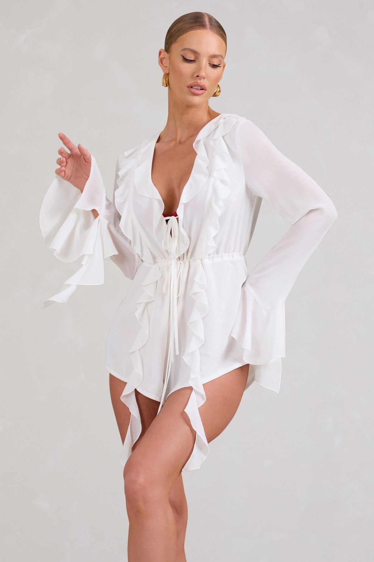 Sauvage | White Chiffon Ruffle Plunge Long Sleeve Playsuit