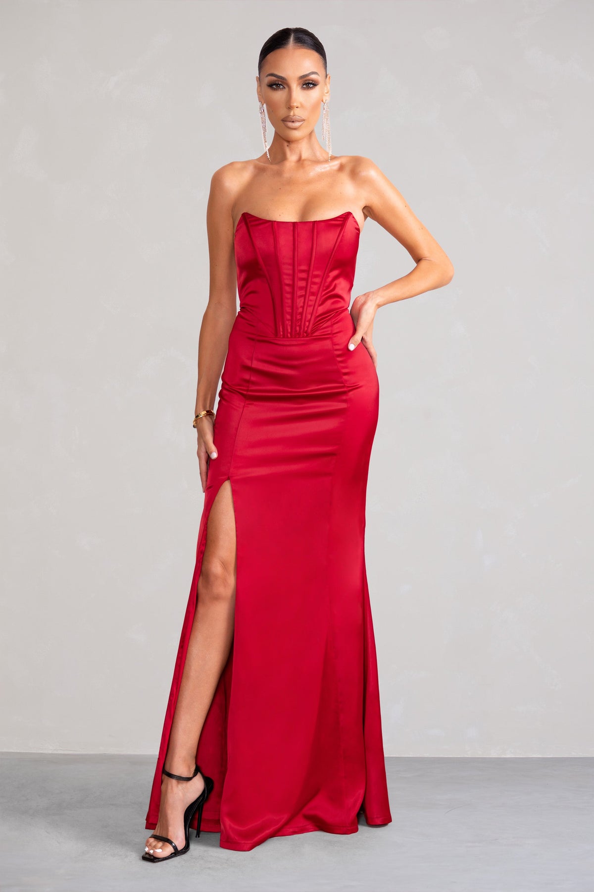 Sensual Notes Red Satin Strapless Corset Thigh Split Fishtail Maxi D – Club  L London - IRE