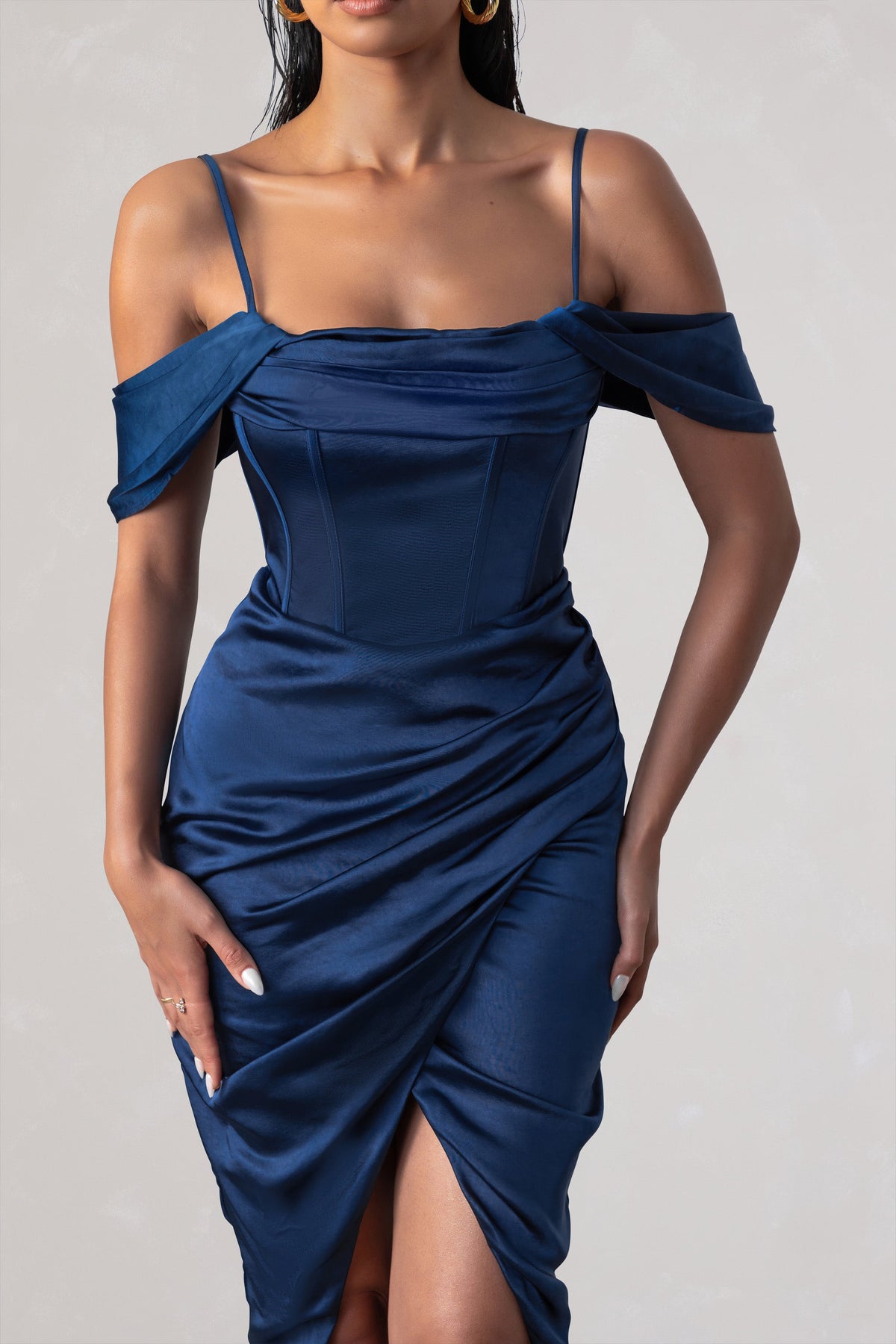 Deserving Navy Satin Bardot Sleeve Corset Wrap Midi Dress Club L