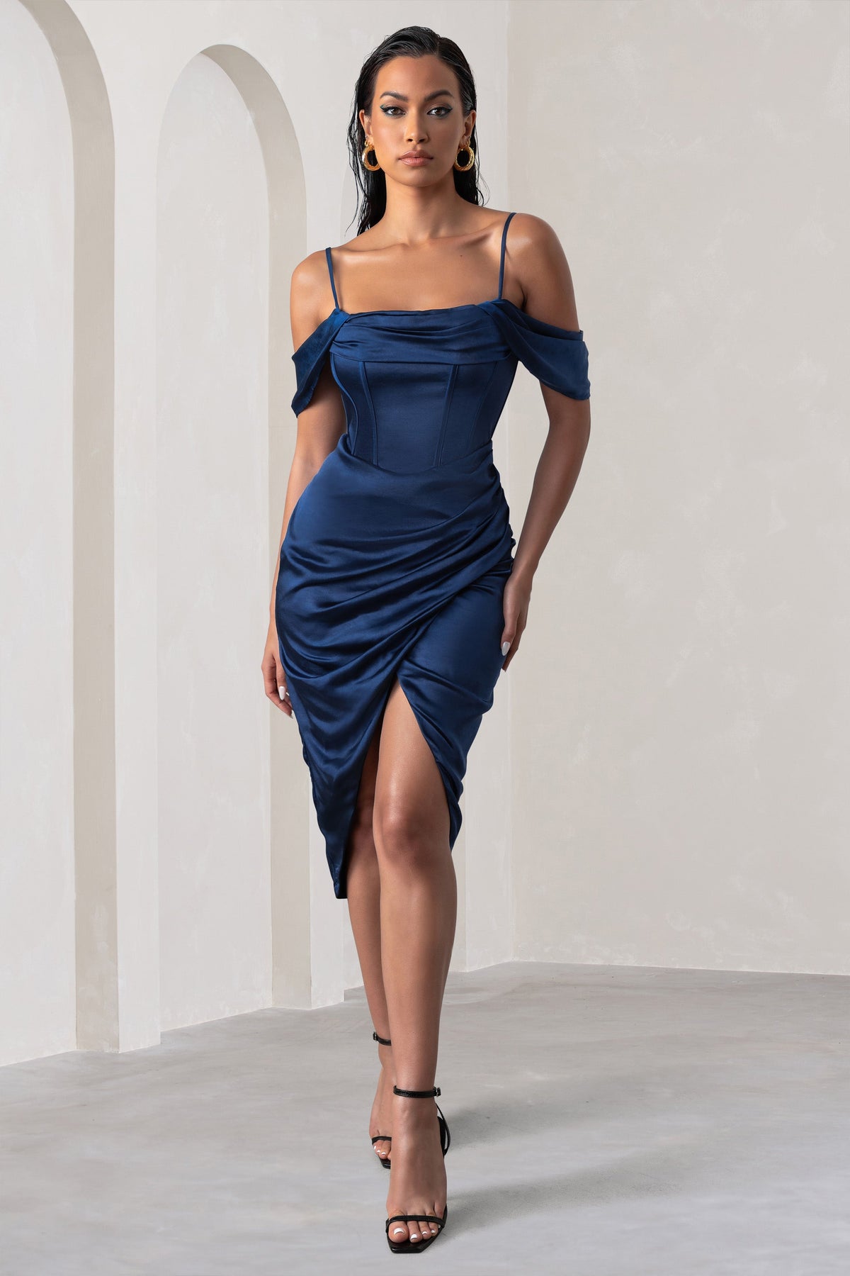 Navy satin midi dress sales