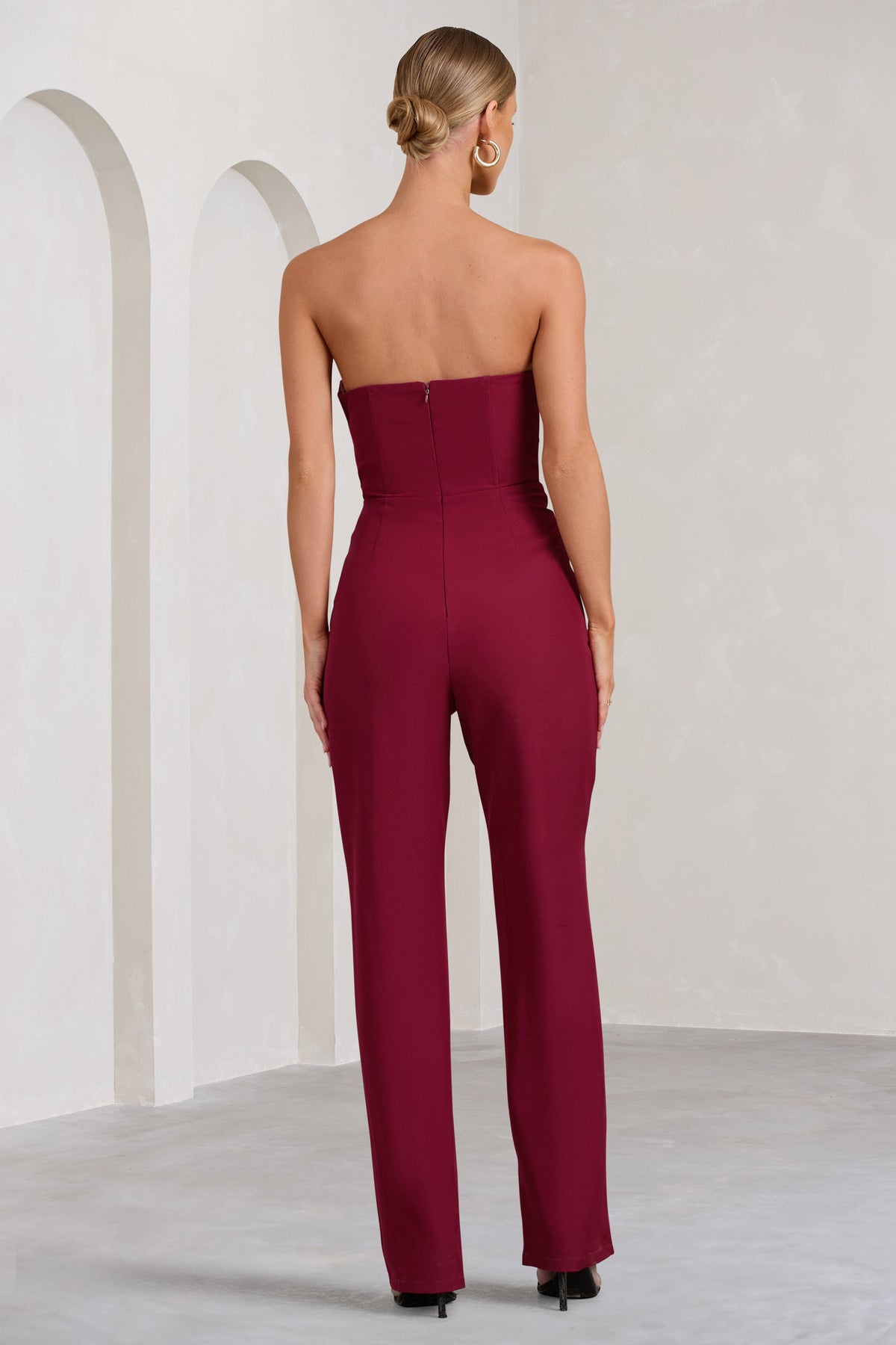 Bellezza Burgundy Bandeau Corset Wide Leg Jumpsuit Club L London IRE
