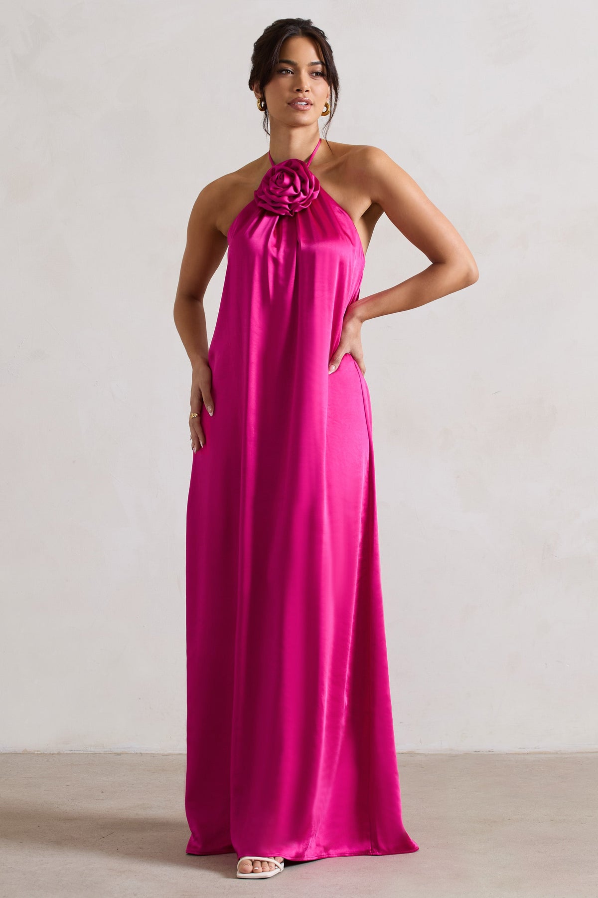Everleigh Dark Pink Satin Relaxed Fit Maxi Column Dress With Corsage Club L London IRE