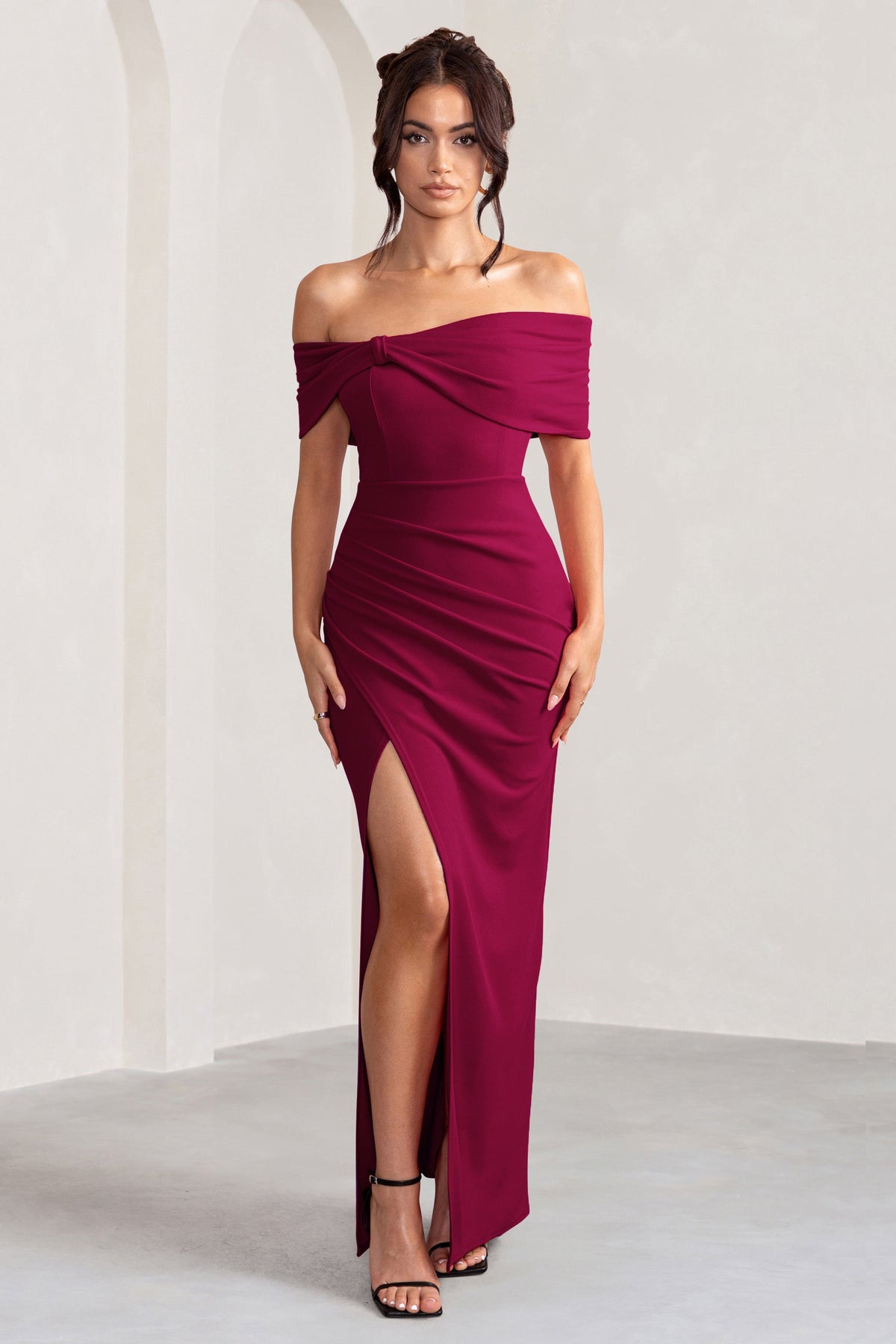 Eva | Burgundy Bardot Bow Detail Maxi Dress With Thigh Split