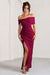 Eva | Burgundy Bardot Bow Detail Maxi Dress With Thigh Split