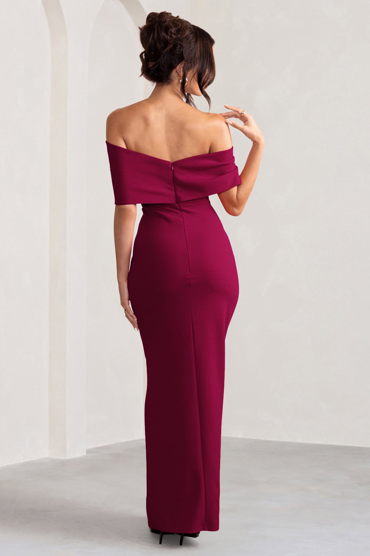 Eva | Burgundy Bardot Bow Detail Maxi Dress With Thigh Split