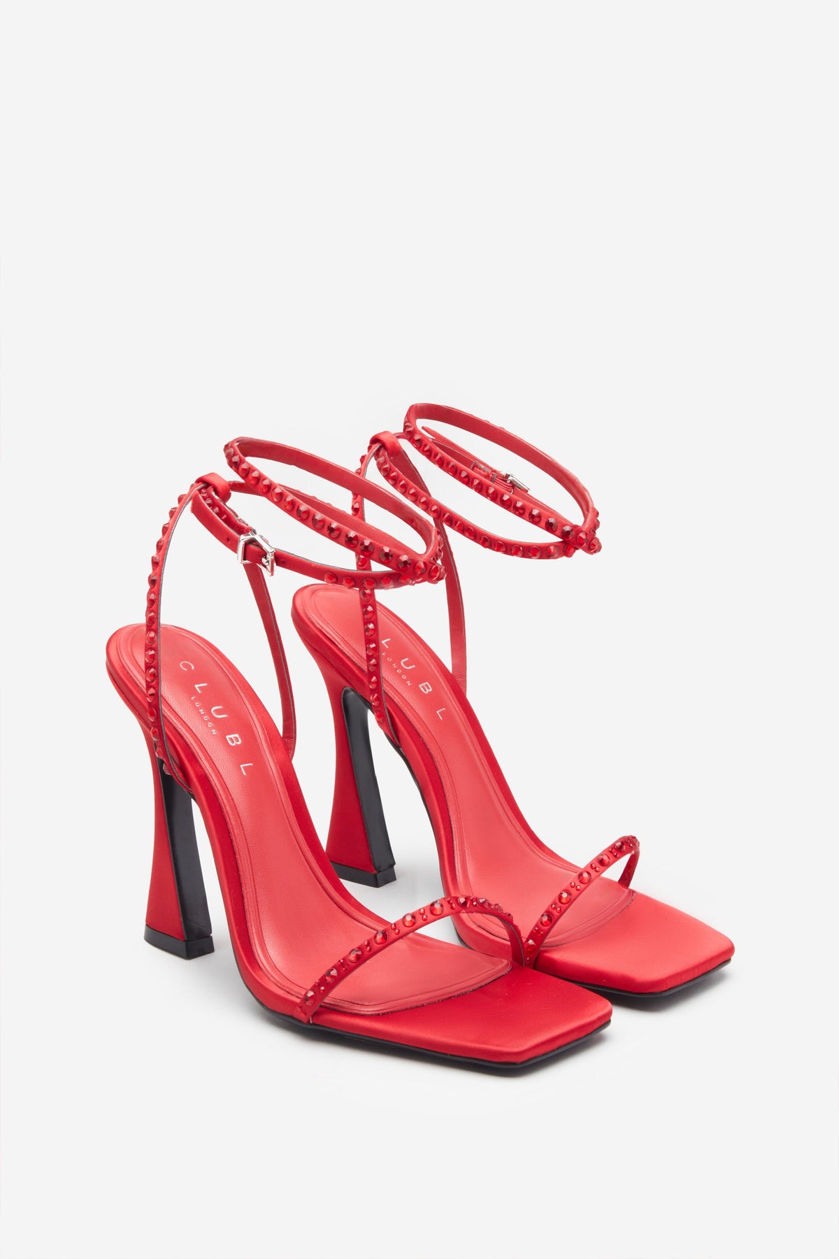 Nostalgia Bright Red Satin Heeled Sandals With Diamante Straps Club L London IRE