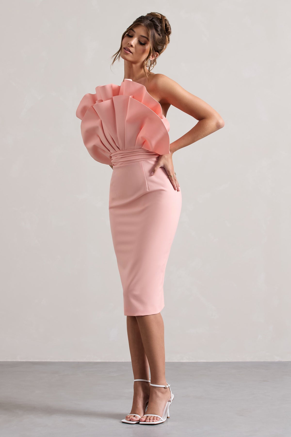 Oria | Pink Ruffled Strapless Midi Dress