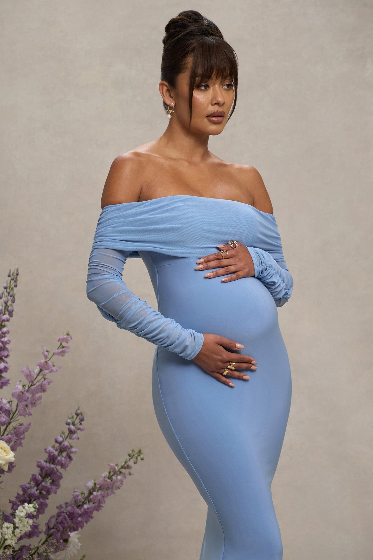 Pretty Perfect | Powder Blue Maternity Halter Asymmetric Maxi Dress