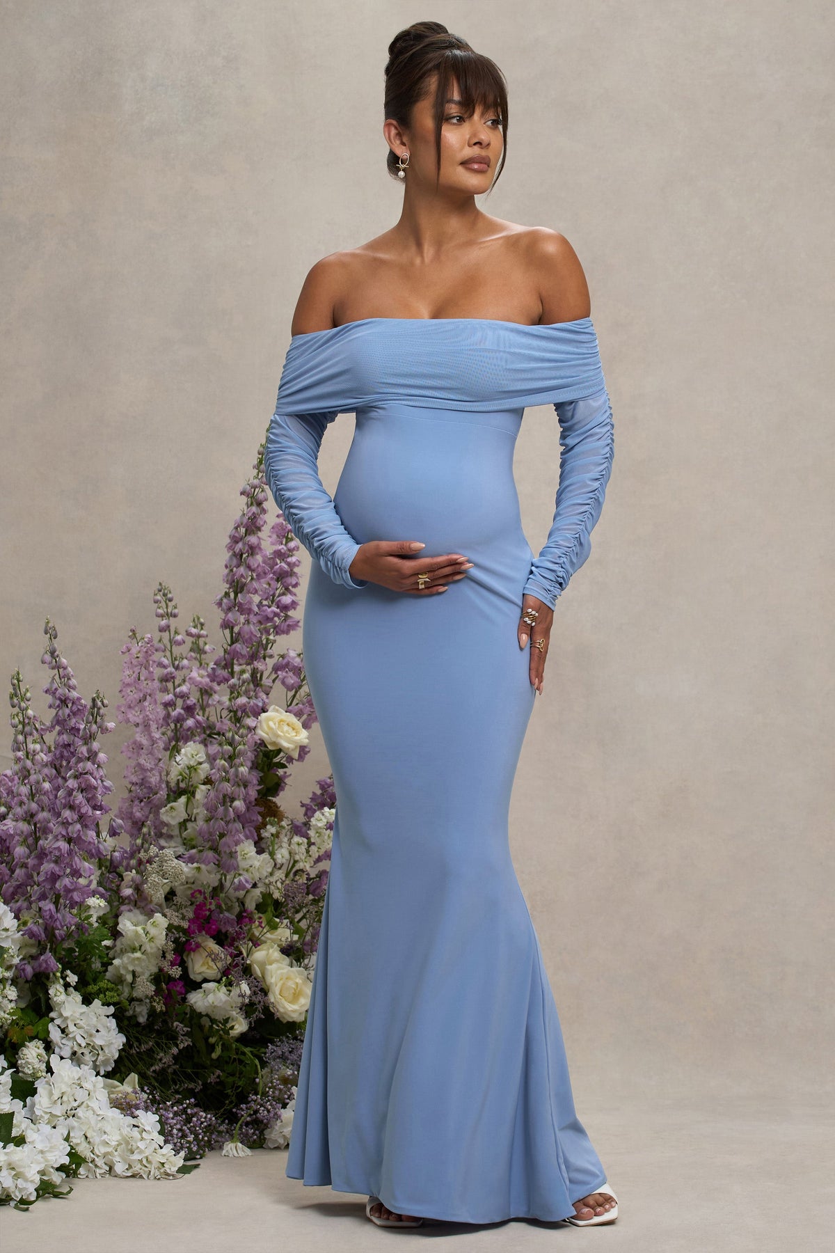 Pretty Perfect | Powder Blue Maternity Halter Asymmetric Maxi Dress