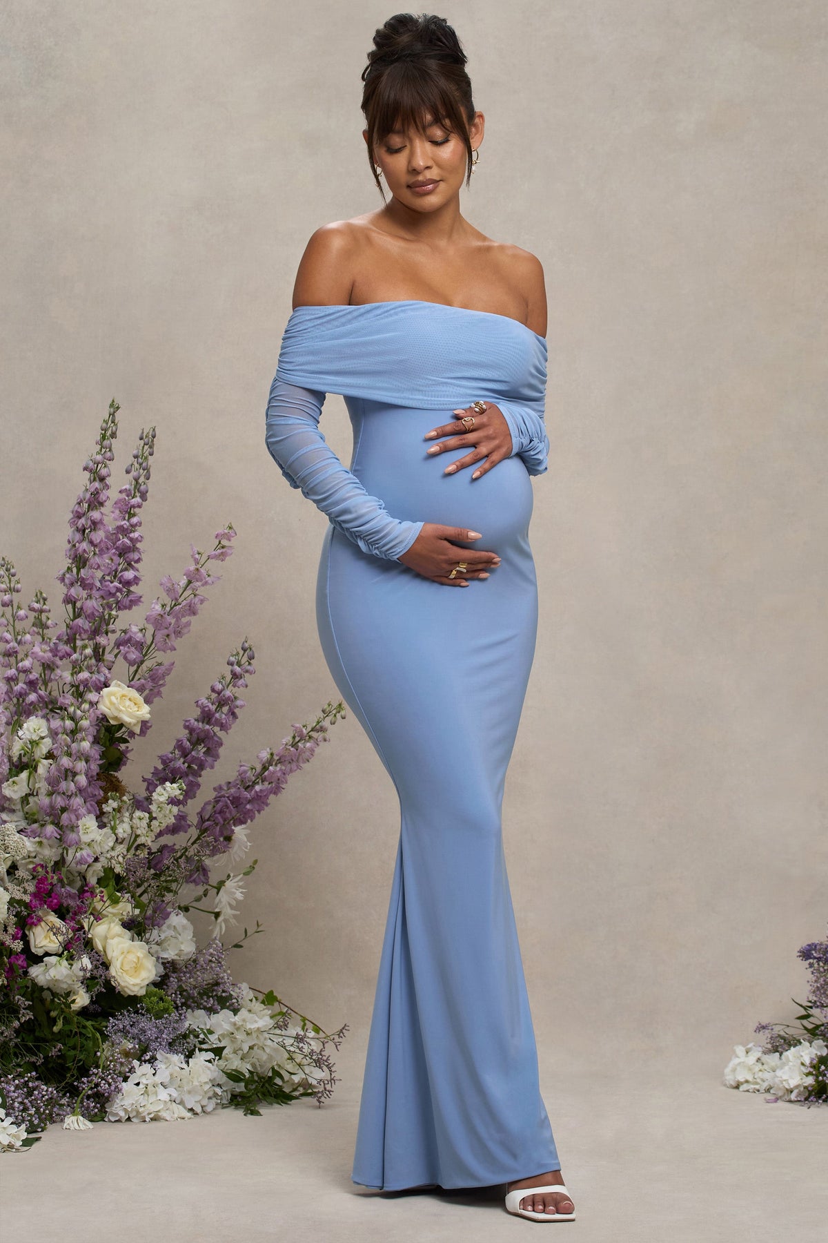 Pretty Perfect | Powder Blue Maternity Halter Asymmetric Maxi Dress