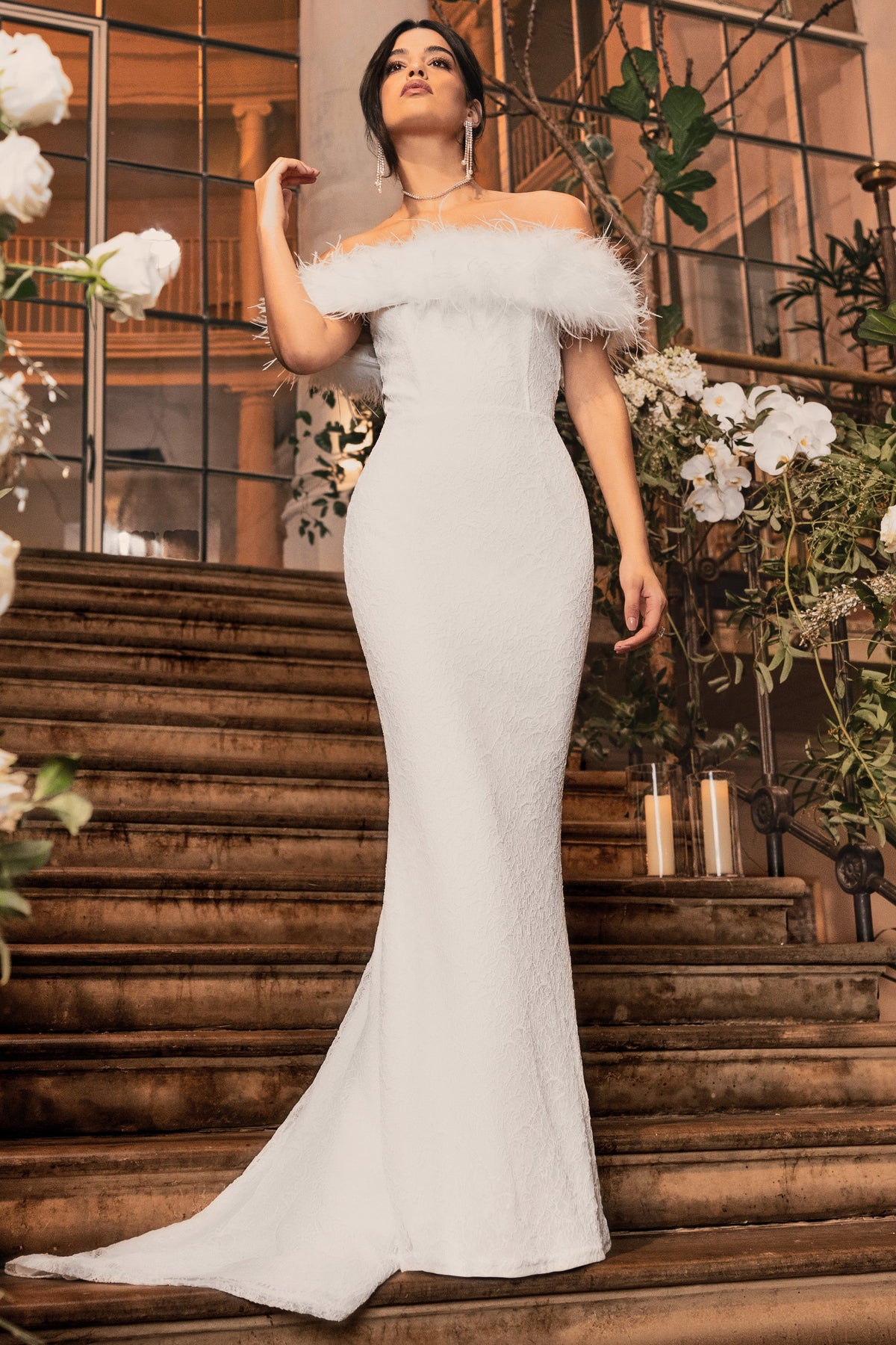 Idyll | White Lace Bardot Feather Fishtail Maxi Dress