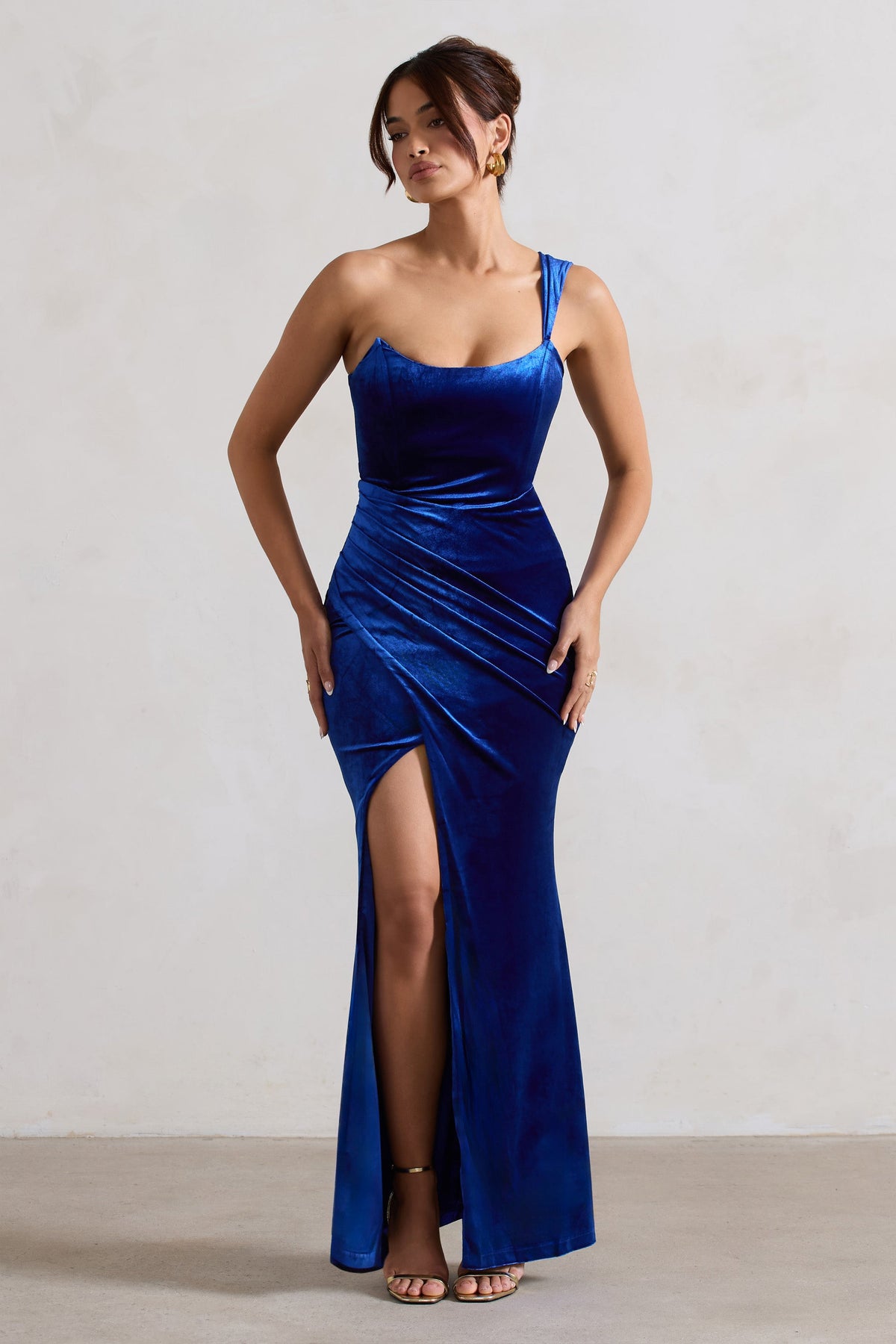Jessica Cobalt Velvet One Shoulder Corset Style Wrap Maxi Dress Club L London IRE