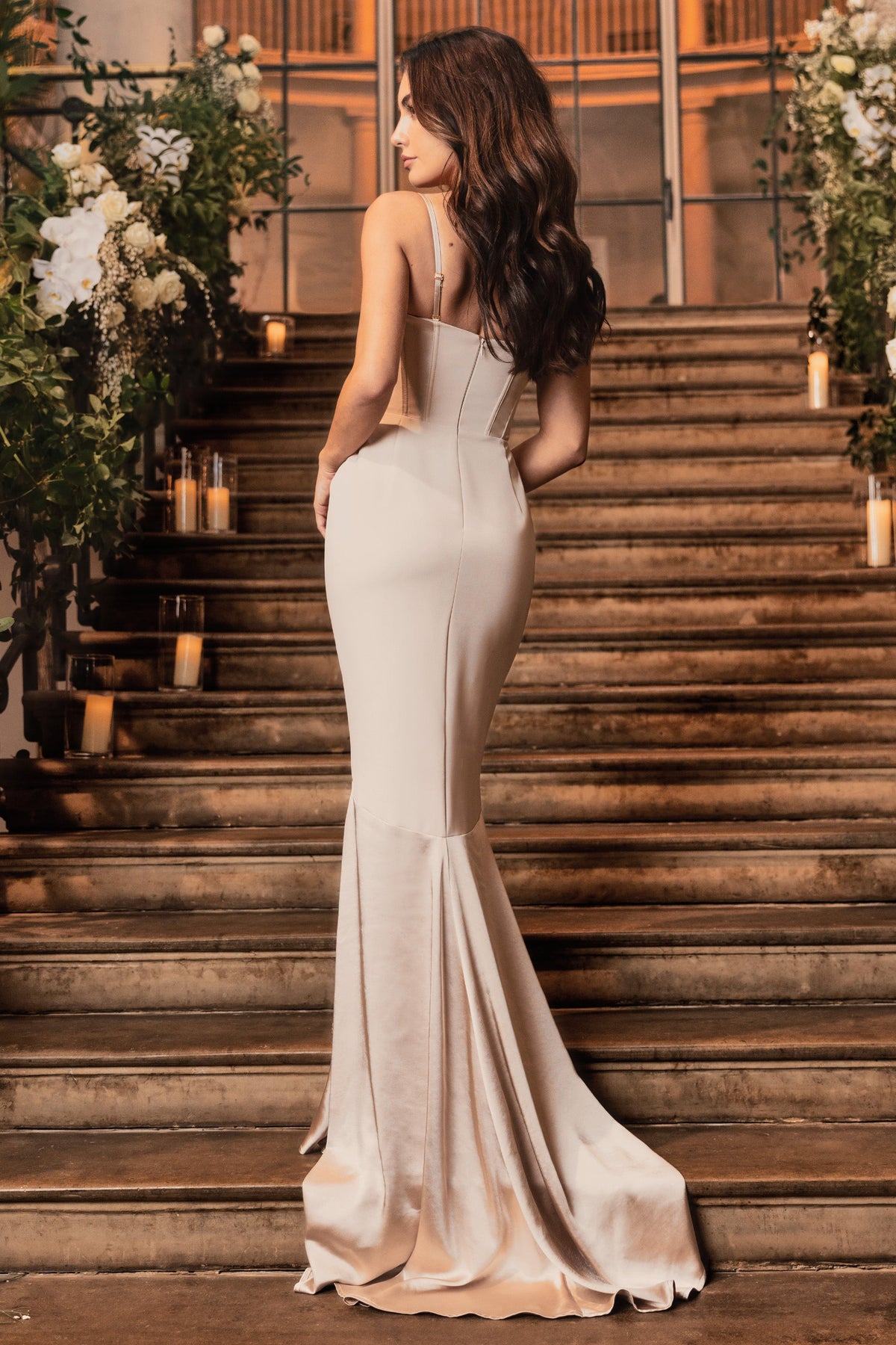 Custom | Champagne Satin Sweetheart Corset Fishtail Maxi Dress
