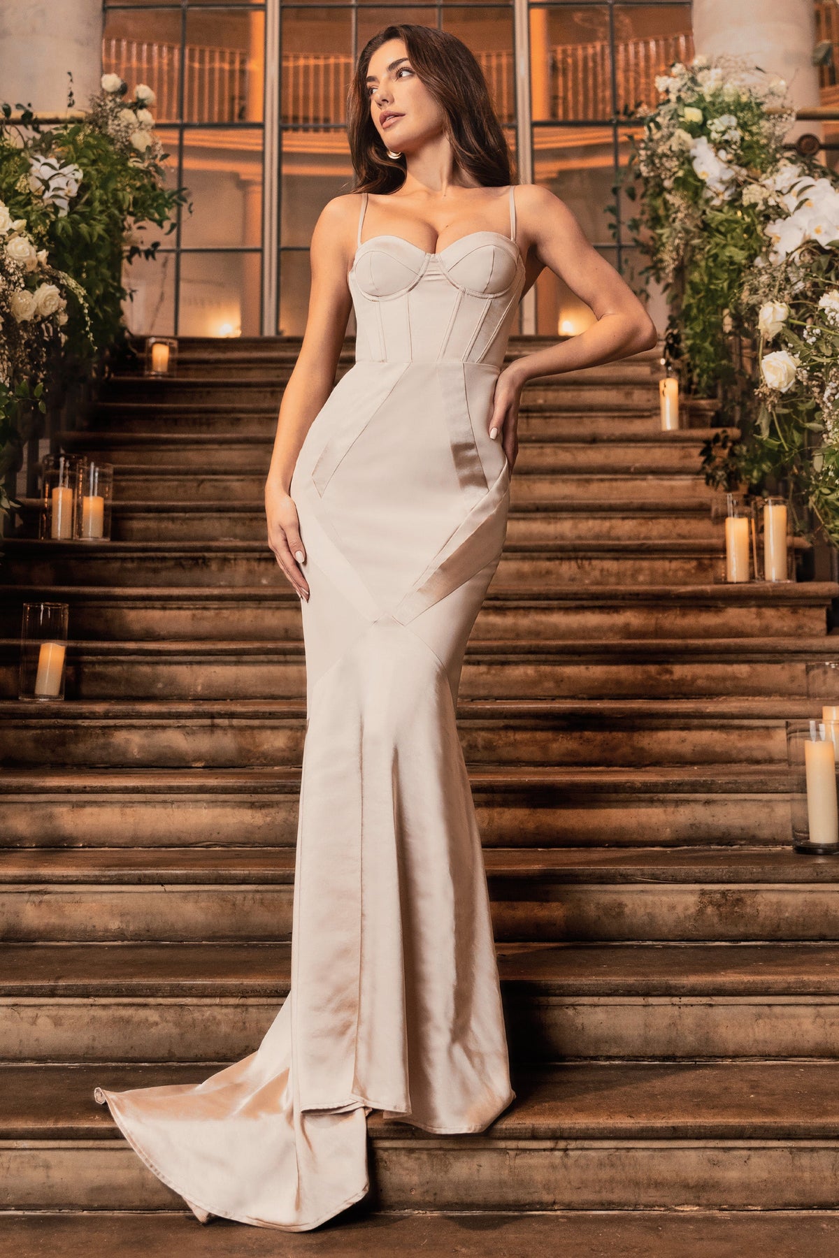 Custom Champagne Satin Sweetheart Corset Fishtail Maxi Dress Club L London IRE
