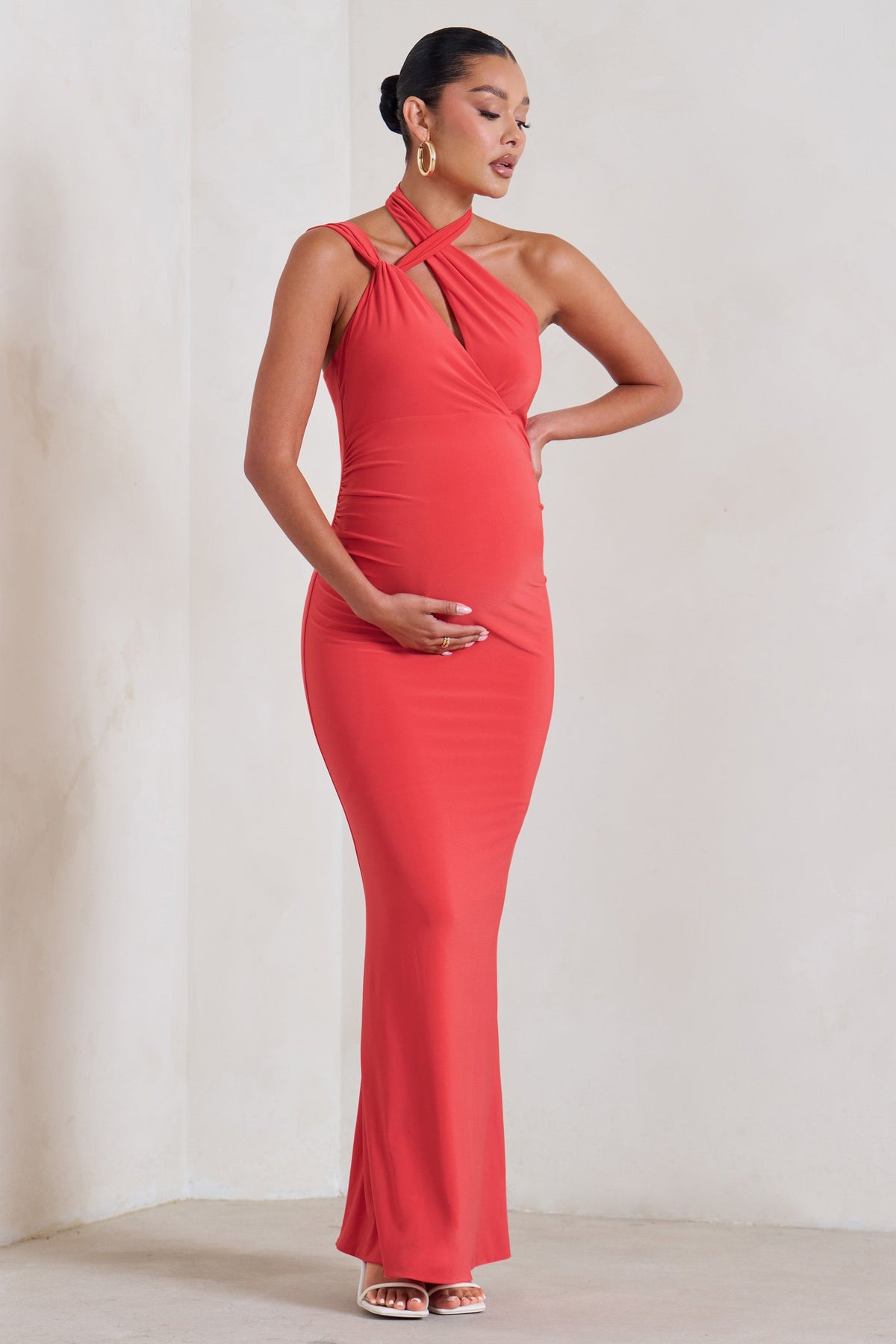 Alba Coral Maternity Halter Asymmetric Maxi Dress with Cut Out
