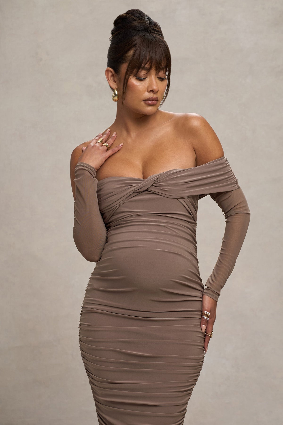 Neva | Mocha Bardot Twist Maternity Midi Dress
