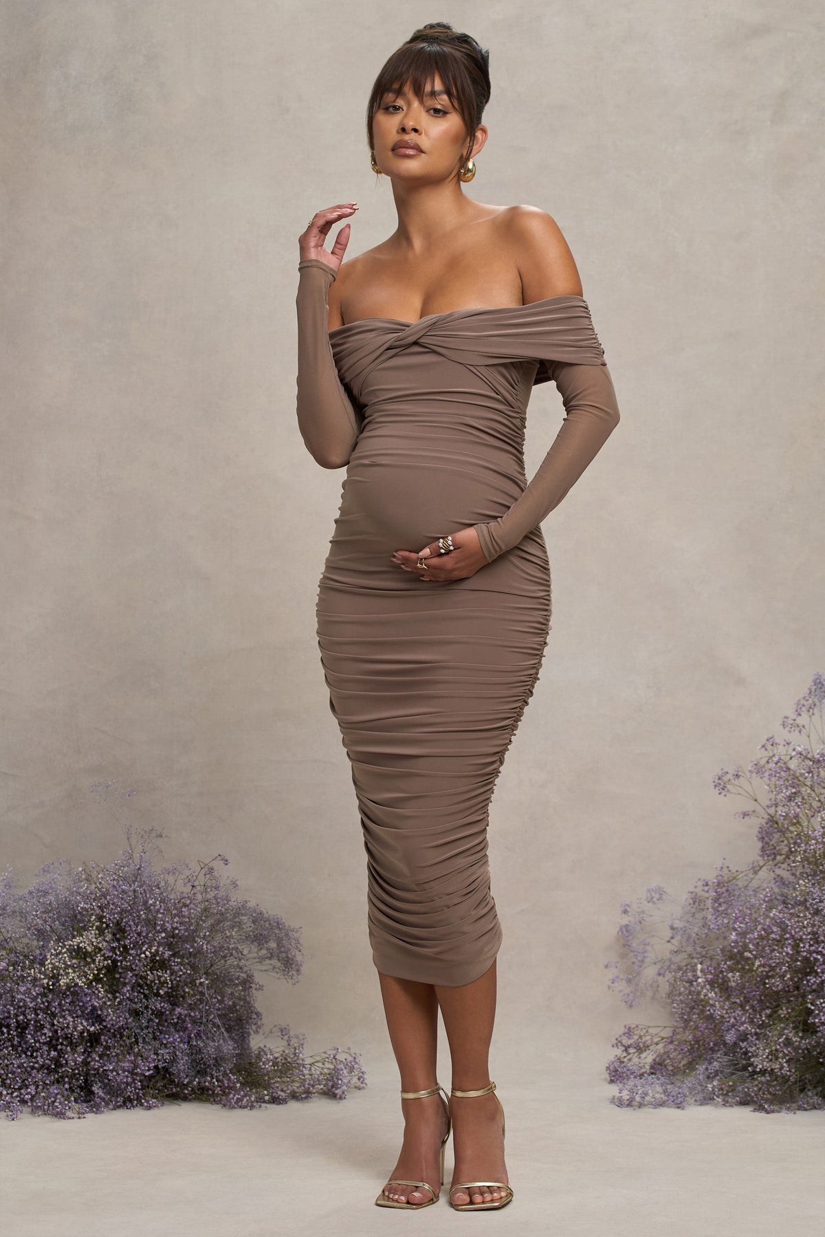 Neva | Mocha Bardot Twist Maternity Midi Dress