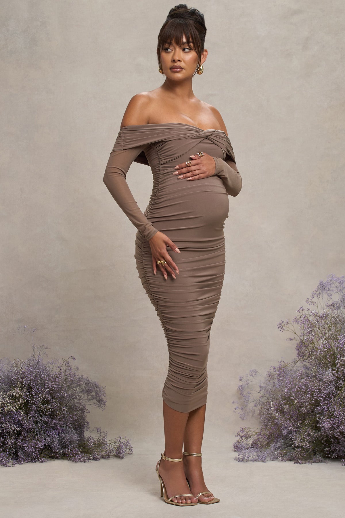 Neva | Mocha Bardot Twist Maternity Midi Dress