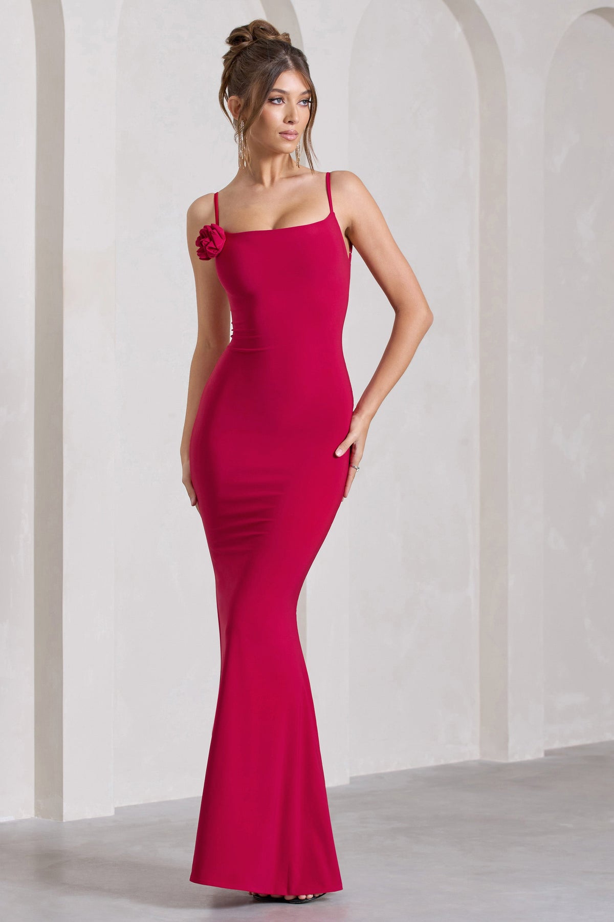 Alora Red Strappy Lace Up Maxi Dress With Flower Corsage Club L