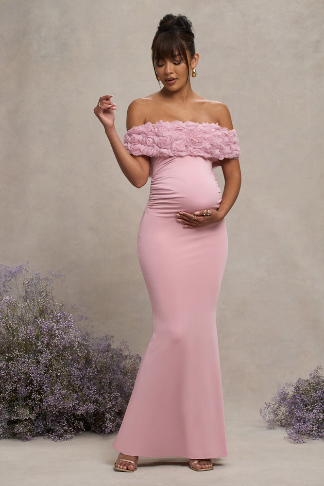 Inflorescence Blush Pink Mesh Floral Bardot Maternity Maxi Dress