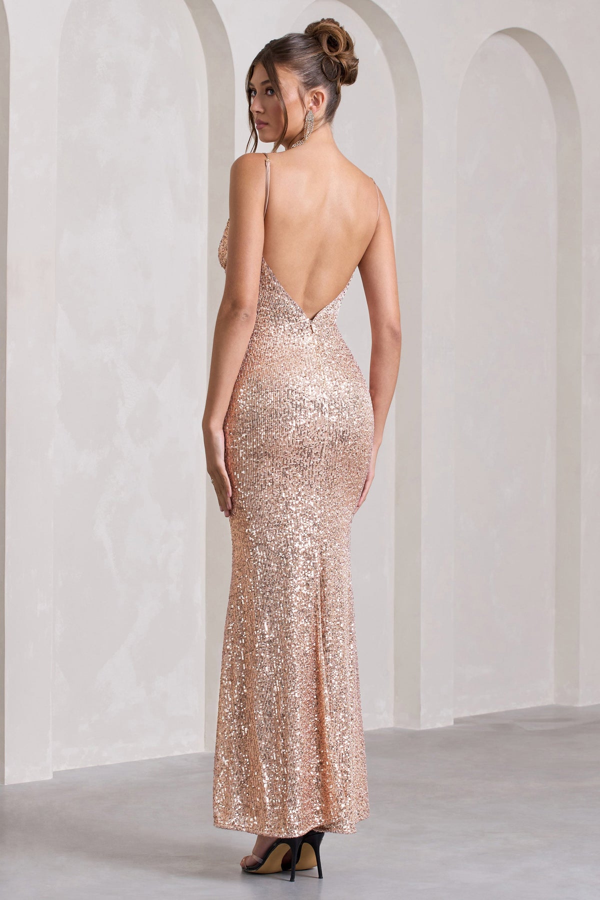 Enchanting | Champagne Sequin Open-Back Fishtail Maxi Dress With Split