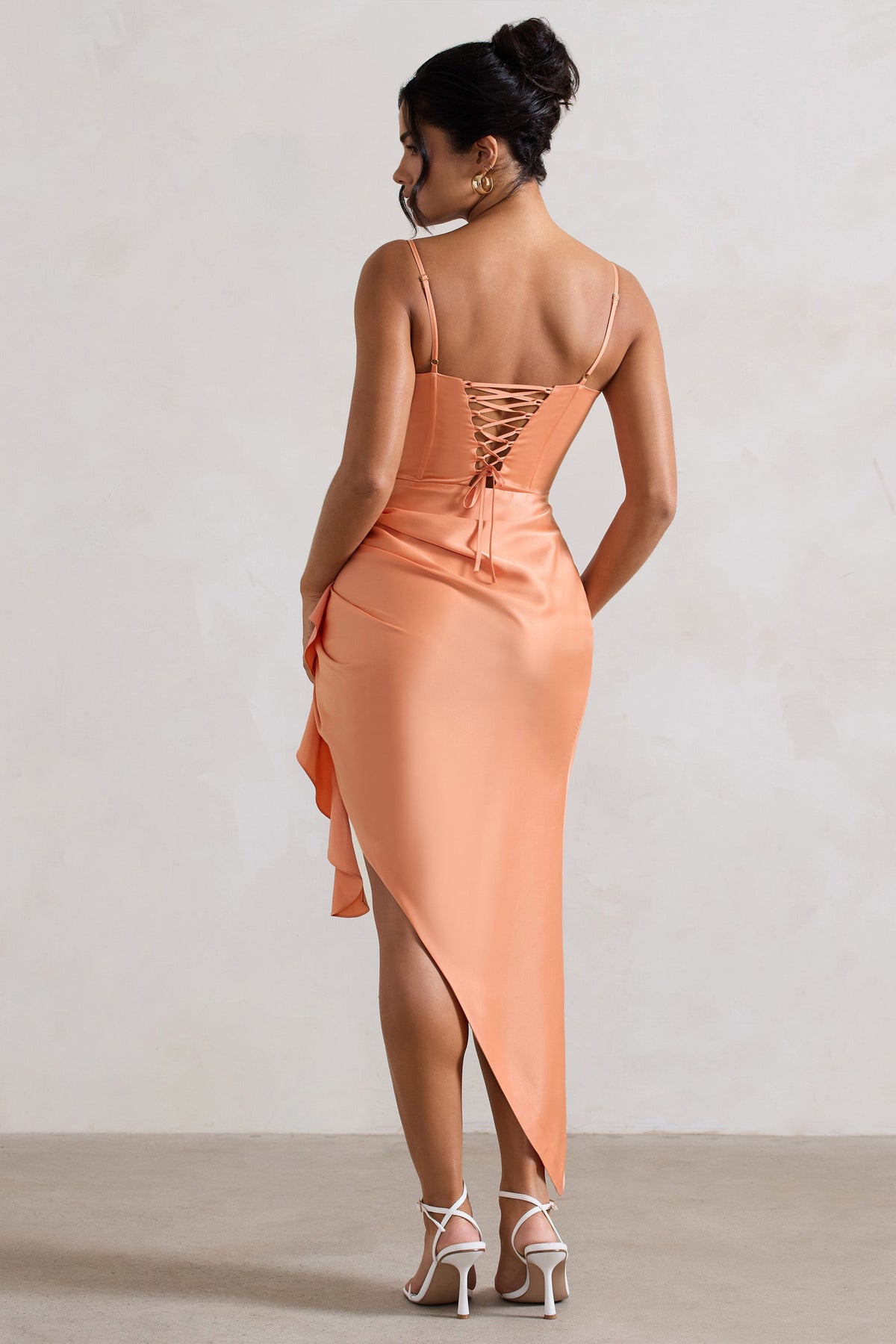 On The List | Peach Asymmetric Corset Maxi Dress With Floral Drape