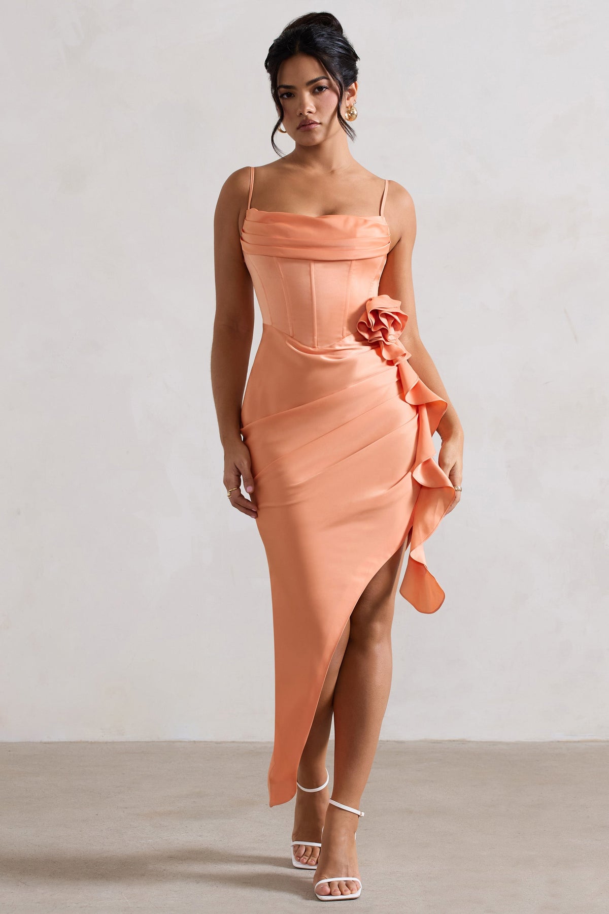 On The List | Peach Asymmetric Corset Maxi Dress With Floral Drape
