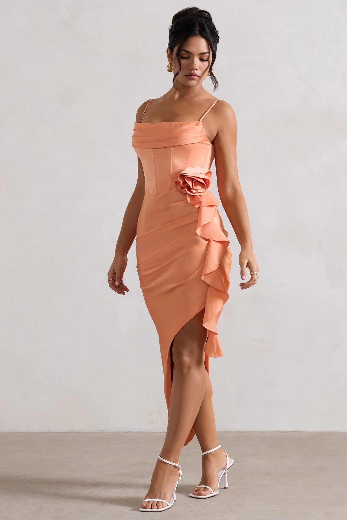 On The List | Peach Asymmetric Corset Maxi Dress With Floral Drape