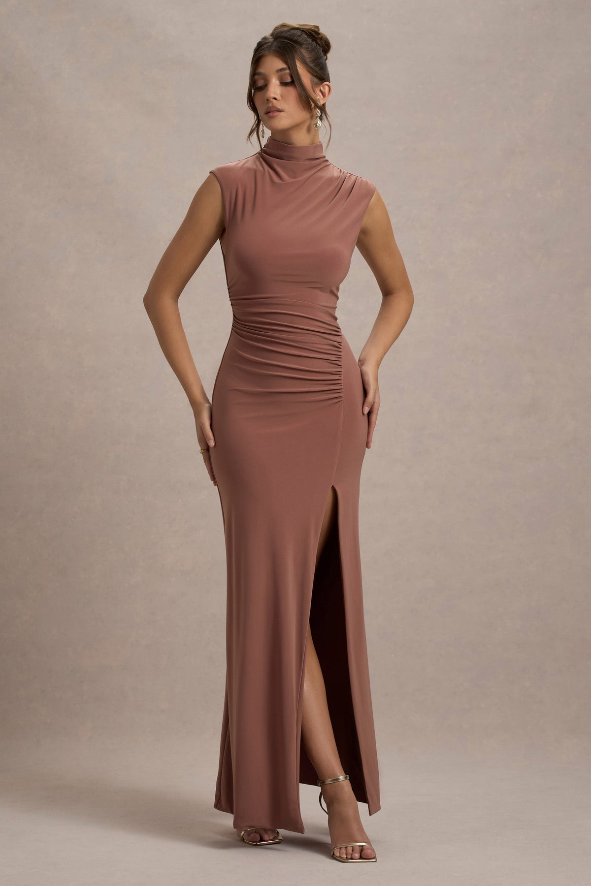 Lanetta | Chestnut Brown Ruched High-Neck Maxi Dress With Split