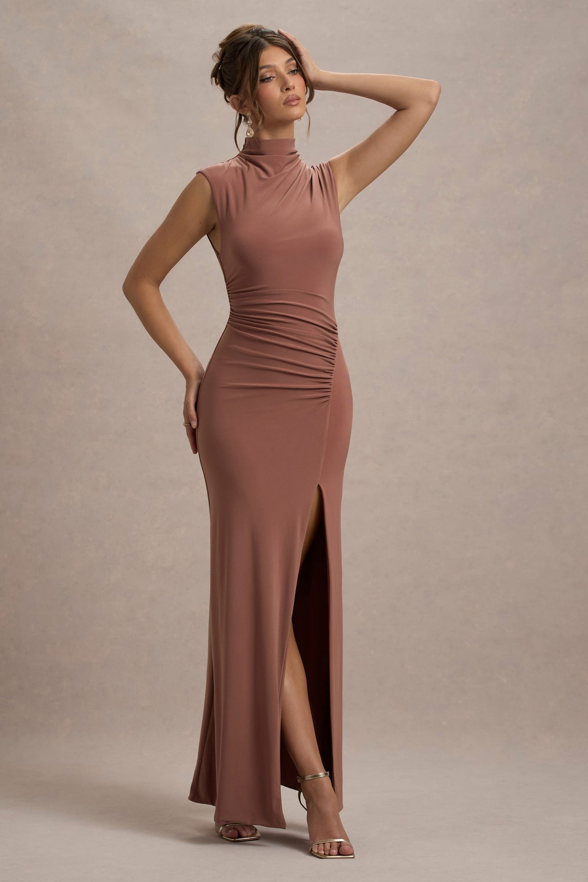 Lanetta | Chestnut Brown Ruched High-Neck Maxi Dress With Split